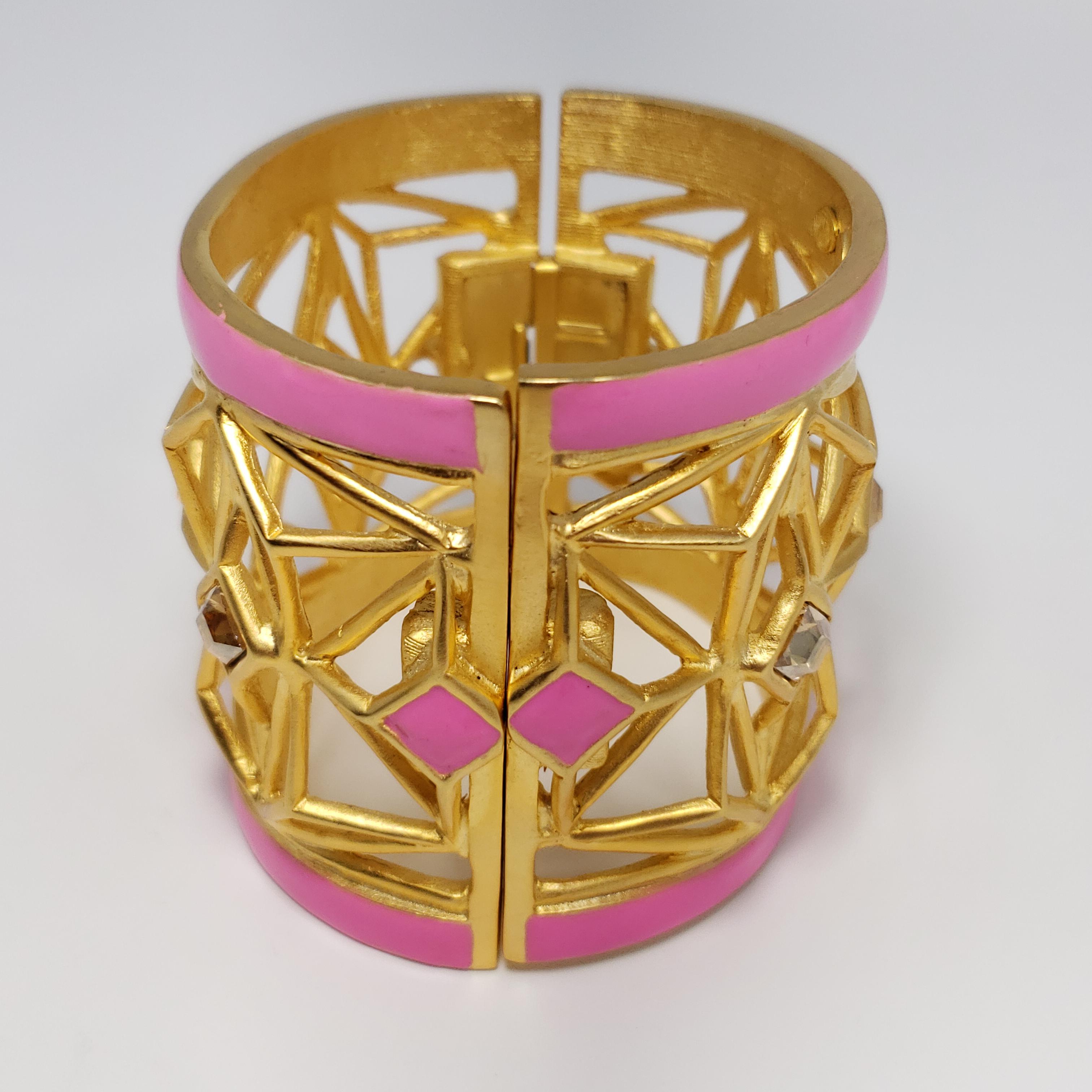 Women's or Men's Kenneth Jay Lane KJL Geometric Chunky Gold Bangle Bracelet with Pink Accents For Sale