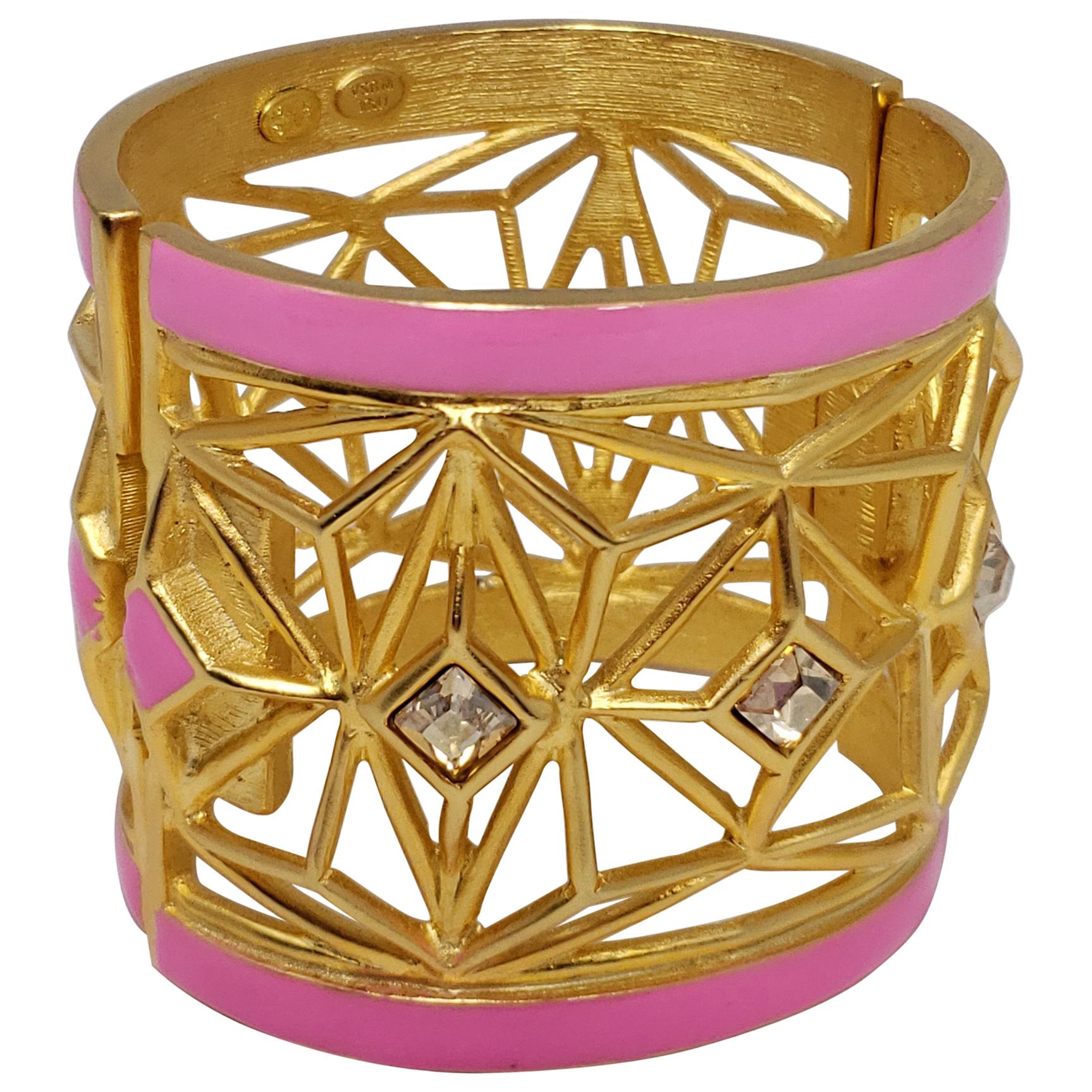 Kenneth Jay Lane KJL Geometric Chunky Gold Bangle Bracelet with Pink Accents
