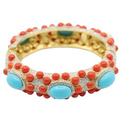 Vintage Kenneth Jay Lane K.J.L Gold Tone Rhinestone Faux Coral & Turquoise Bracelet
