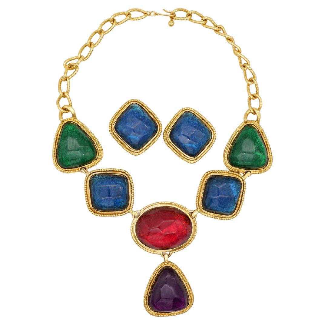 Kenneth Jay Lane KJL Gripoix Emerald Sapphire Ruby Amethyst Cabochons Avon Set im Angebot