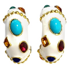 Kenneth Jay Lane KJL Jeweled White Enamel Clip on Earrings in Gold