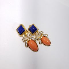 Kenneth Jay Lane KJL Lapis Lazuli and Coral Art Deco Dangling Clip On Earrings