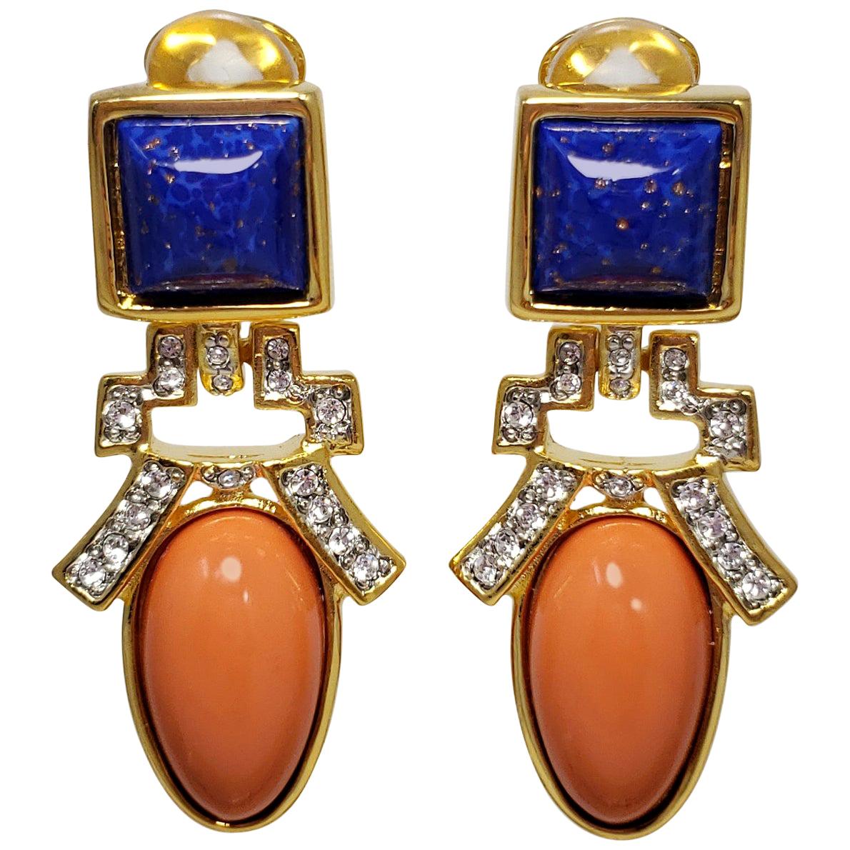 Vintage Clip-on Square Coral Black and Gold Earrings