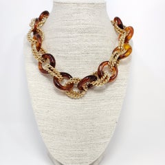 Kenneth Jay Lane KJL Link Necklace 18K Gold Plate, Faux Tortoiseshell Amber