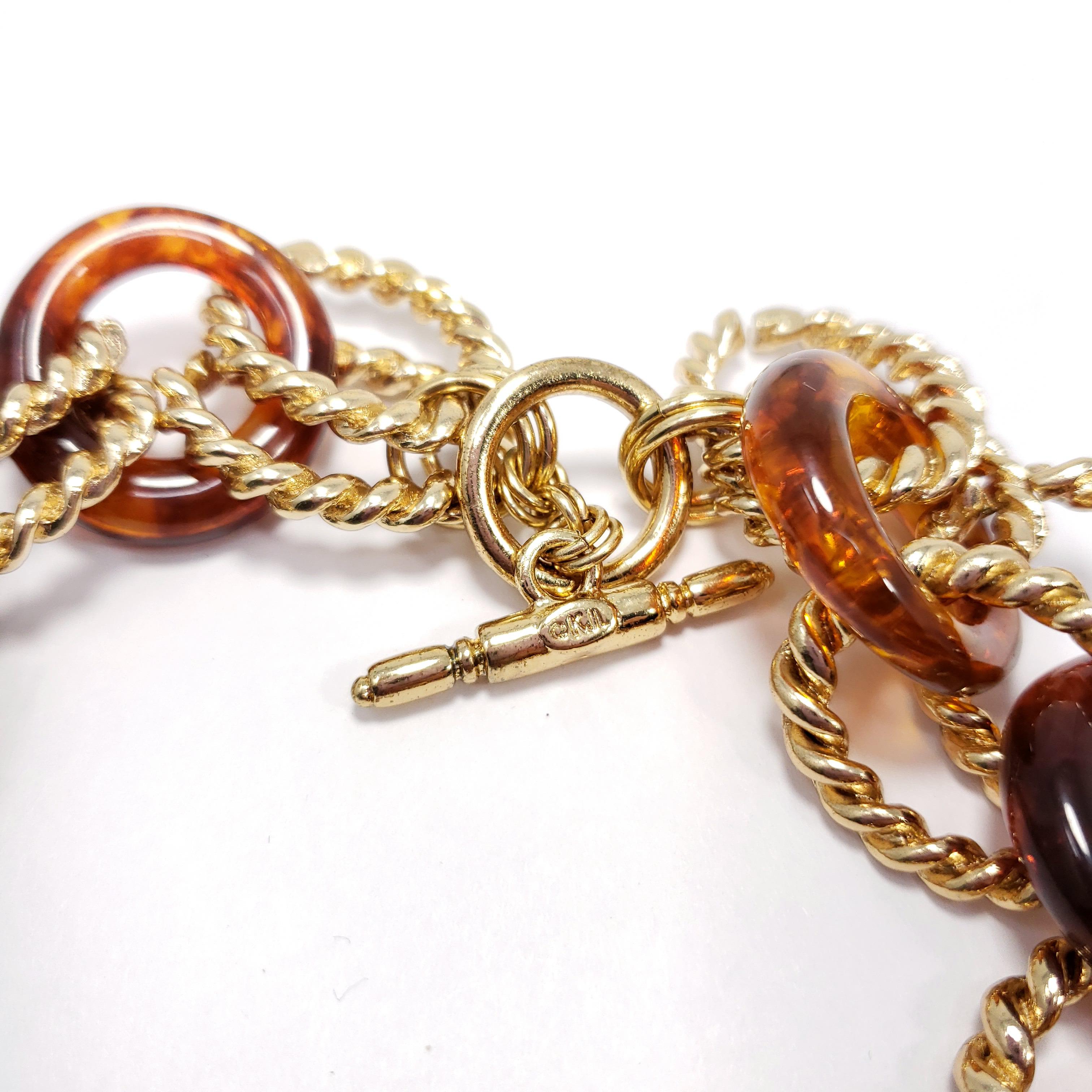 Kenneth Jay Lane KJL Link Necklace 18K Gold Plate, Faux Tortoiseshell Amber In New Condition In Milford, DE
