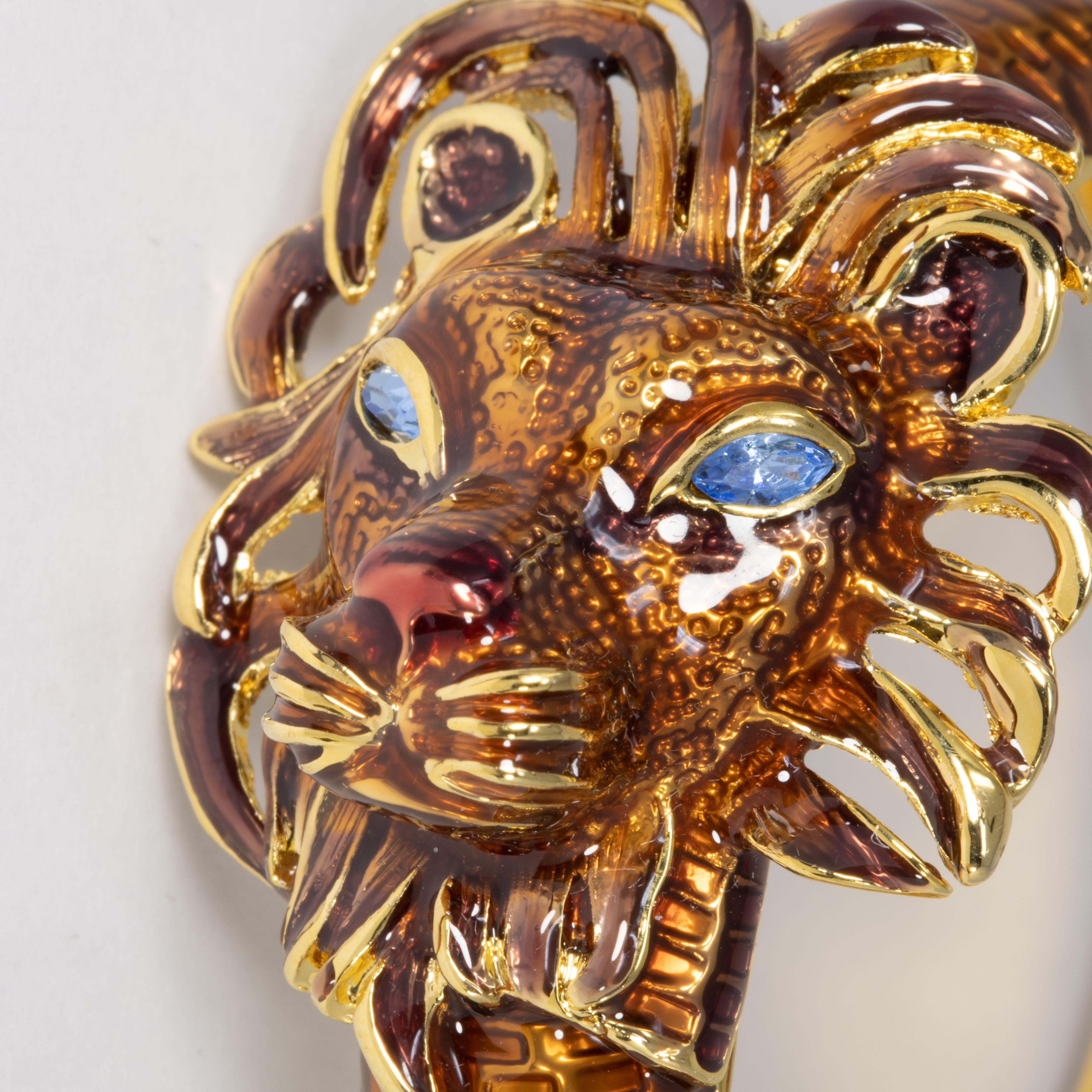 Kenneth Jay Lane KJL Lion Bracelet with Brown Enamel, Blue Crystals, in Gold In New Condition In Milford, DE