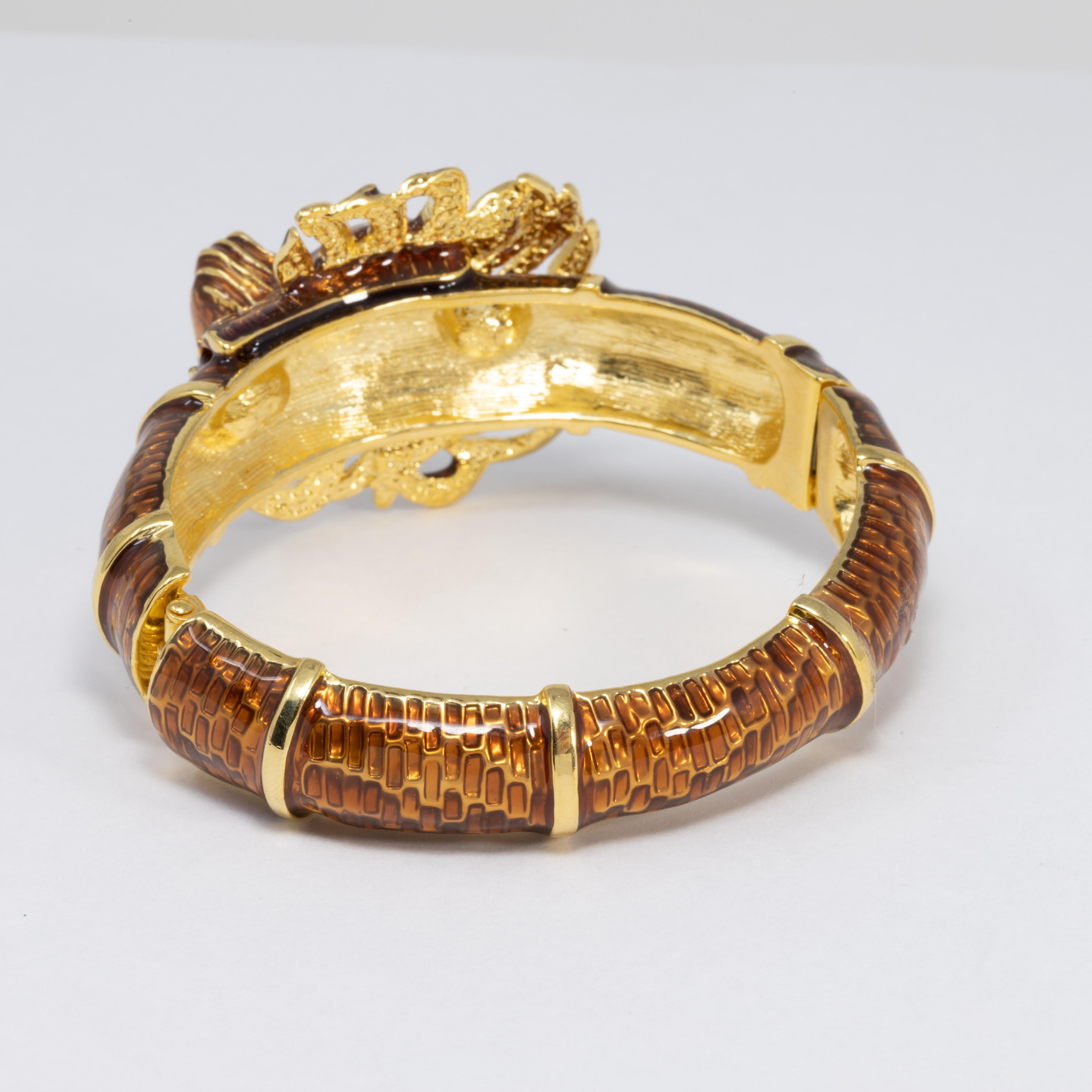 Women's or Men's Kenneth Jay Lane KJL Lion Bracelet with Brown Enamel, Blue Crystals, in Gold
