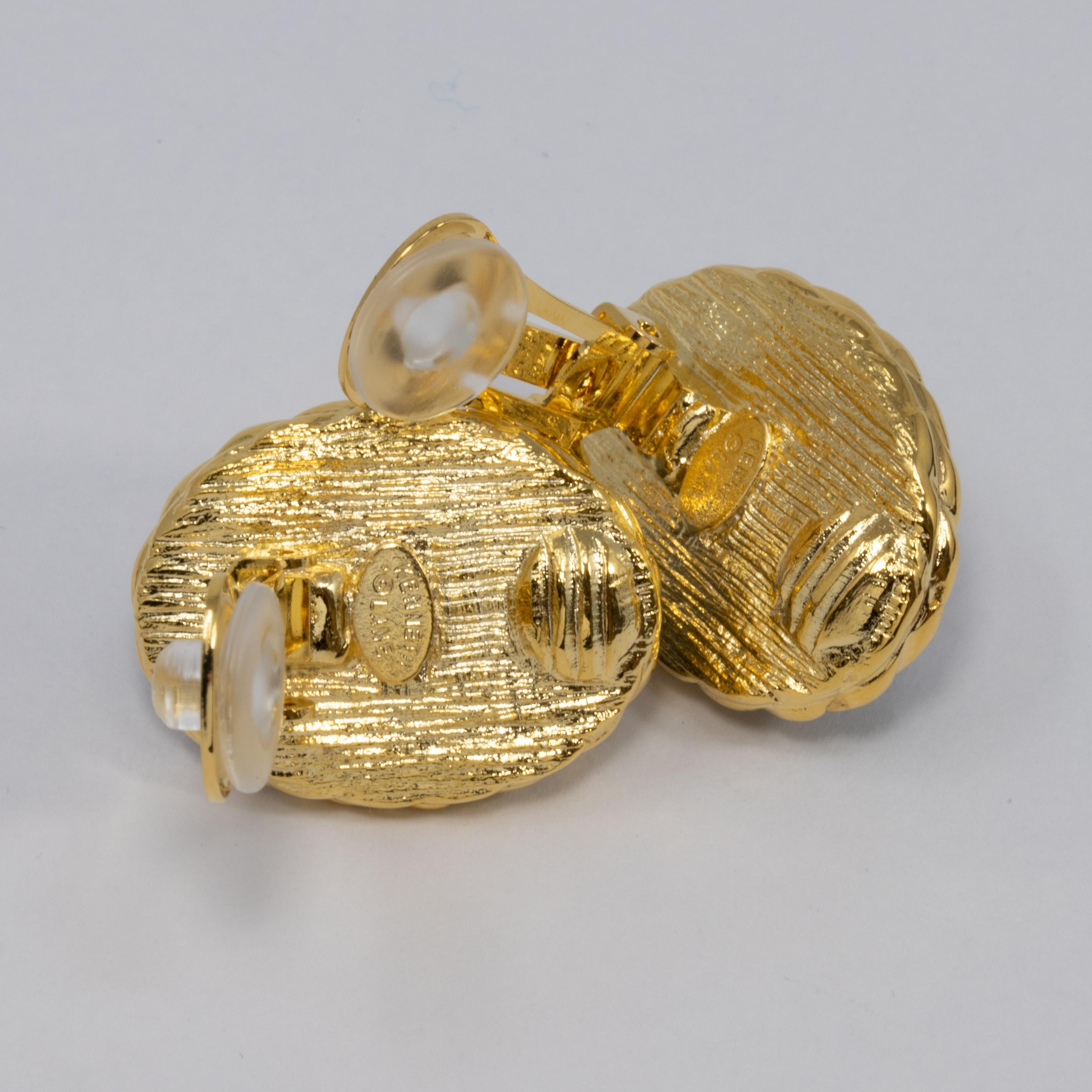 Kenneth Jay Lane KJL Mother of Pearl Gold Embellished Bezel Clip on Earrings In New Condition In Milford, DE