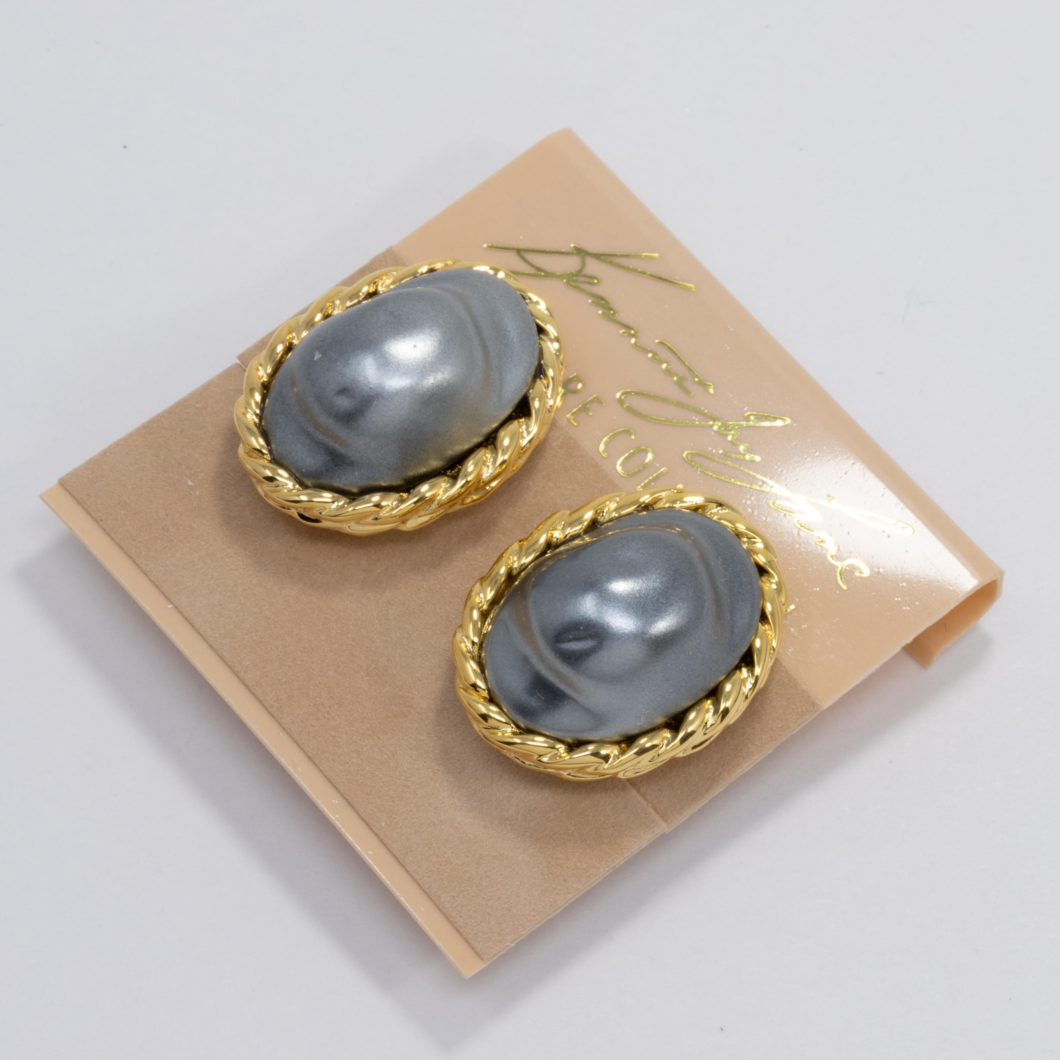 Women's or Men's Kenneth Jay Lane KJL Mother of Pearl Gold Embellished Bezel Clip on Earrings