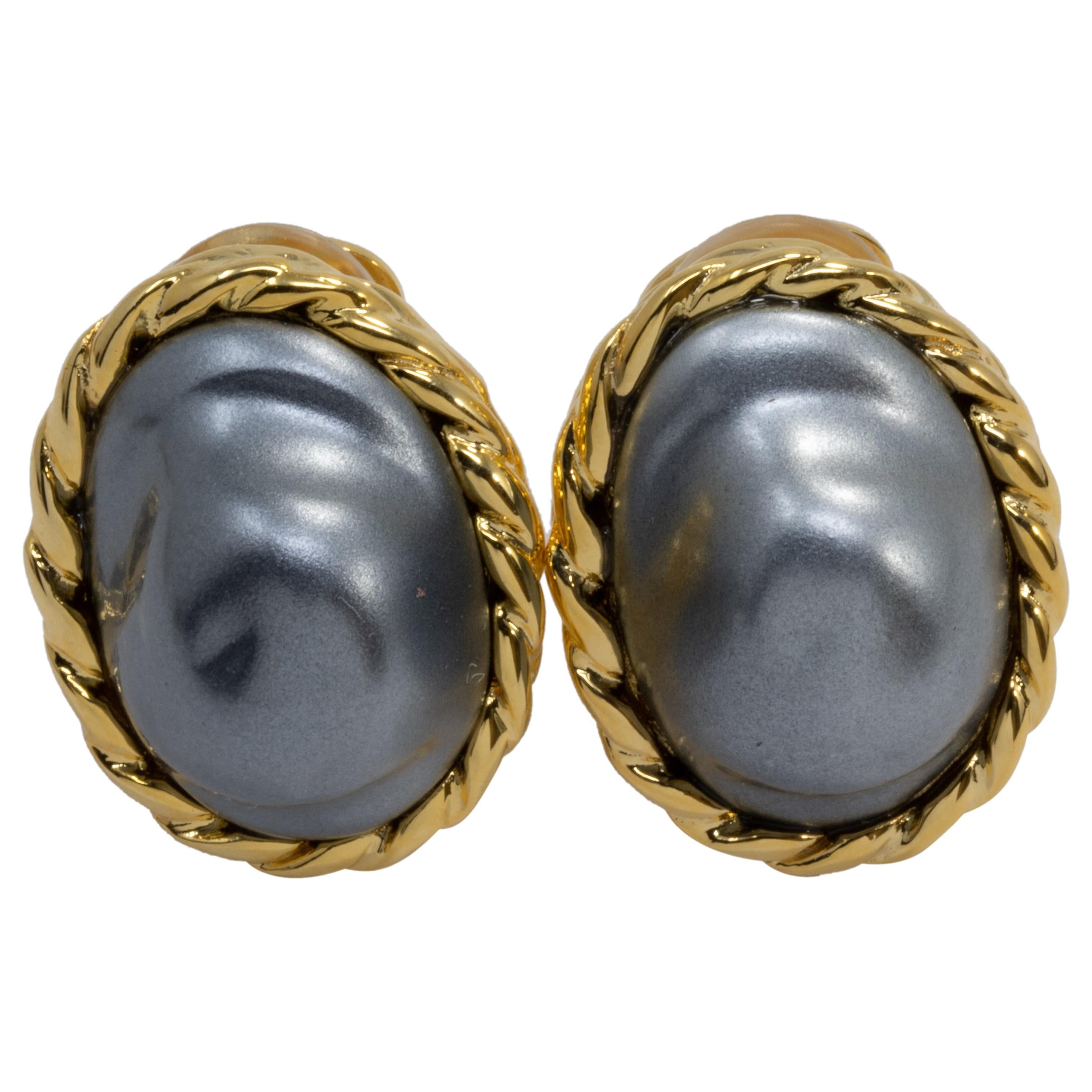 Kenneth Jay Lane KJL Mother of Pearl Gold Embellished Bezel Clip on Earrings