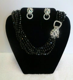 Kenneth Jay Lane KJL Multi Strand Black Jet CZ Panther Necklace and Earrings