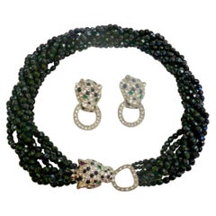 Kenneth Jay Lane KJL Multi Strand Black Jet CZ Panther Necklace and Earrings