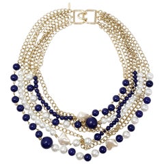 Kenneth Jay Lane KJL Multi Strand Collar Necklace in Gold, Faux Pearls