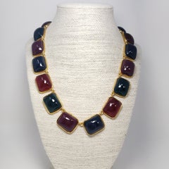 Kenneth Jay Lane KJL Multicolor Jelly Cabochon Gold Bezel Link Necklace
