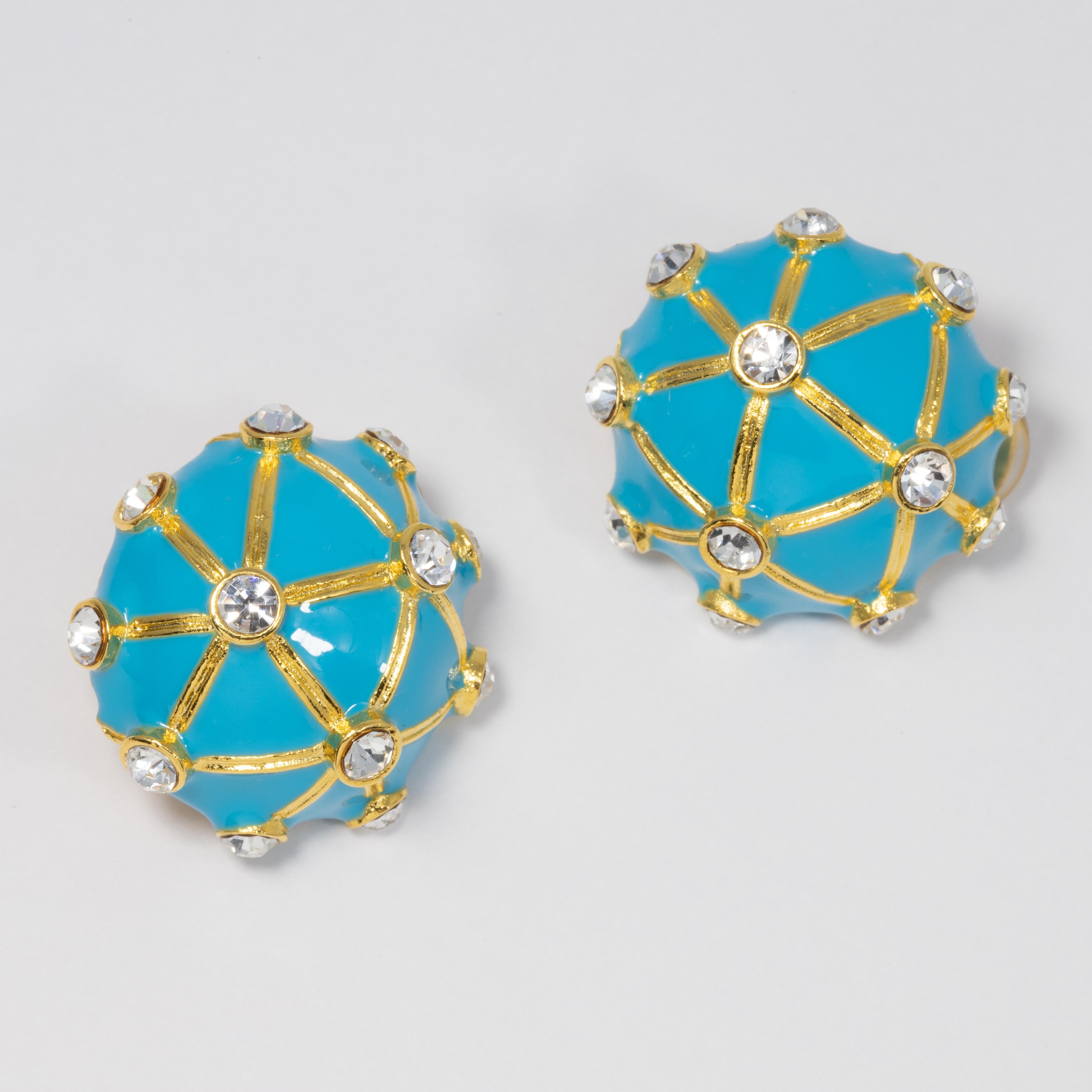 Stylish Kenneth Jay Lane earrings, featuring clear crystals set in a turquoise enamel gold-accented round clip on earrings

Hallmarks: KJL, Made in USA