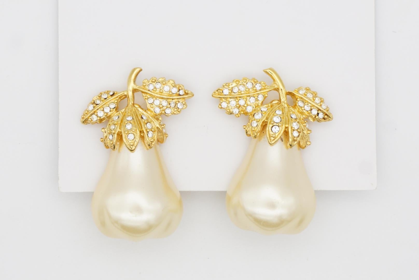 Women's or Men's Kenneth Jay Lane KJL Vintage Large Pearl Pear Crystals Leaf Gold Clip Earrings For Sale
