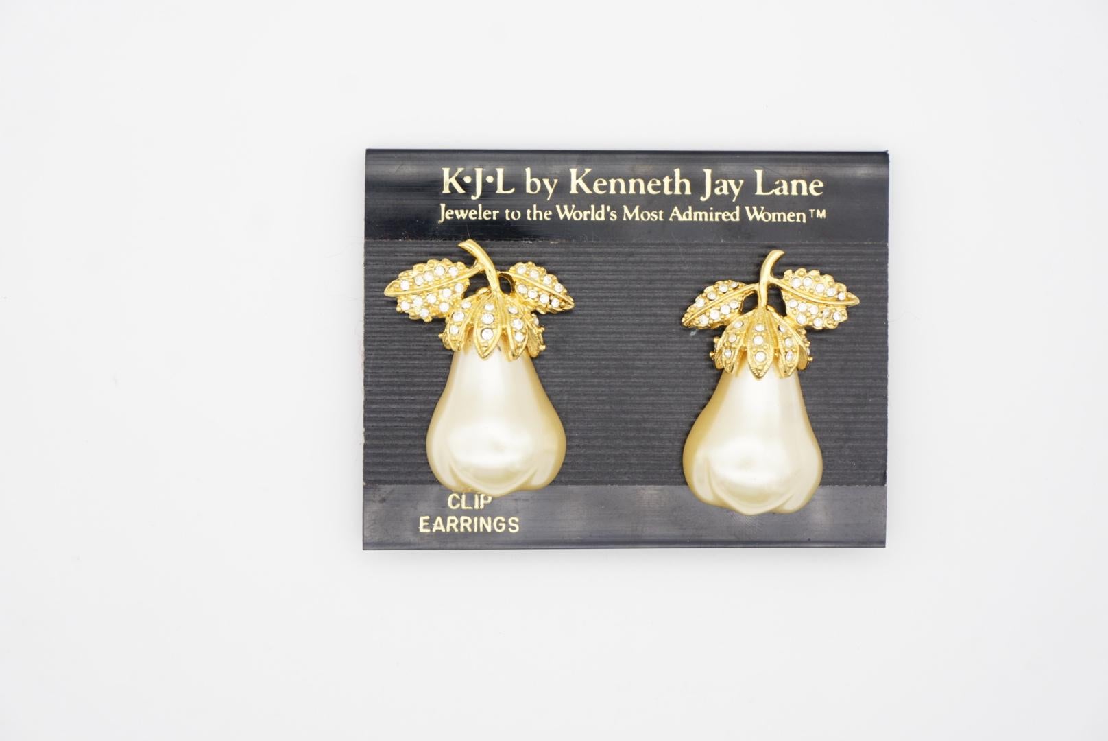 Kenneth Jay Lane KJL Vintage Large Pearl Pear Crystals Leaf Gold Clip Earrings For Sale 1