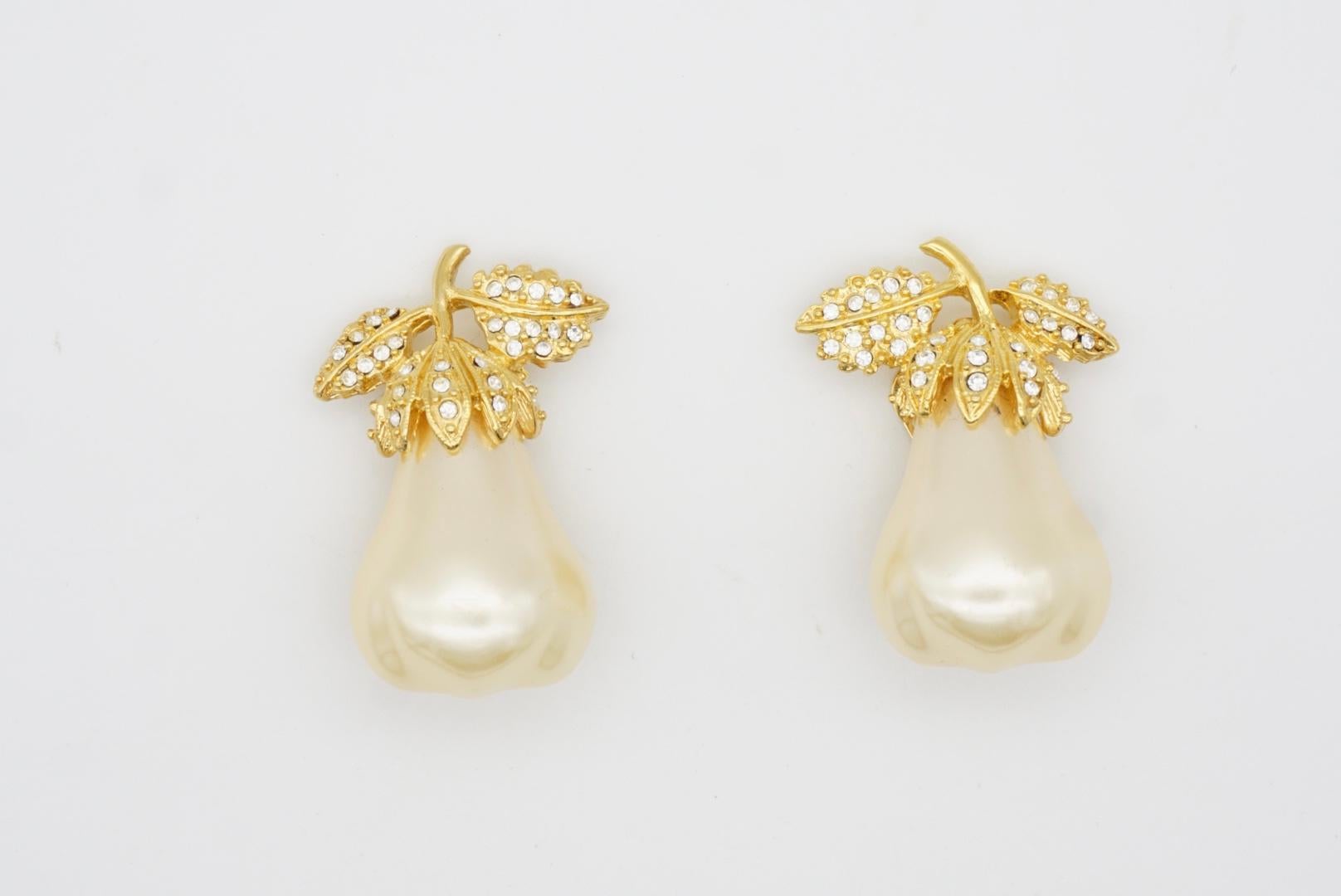Kenneth Jay Lane KJL Vintage Large Pearl Pear Crystals Leaf Gold Clip Earrings For Sale 2