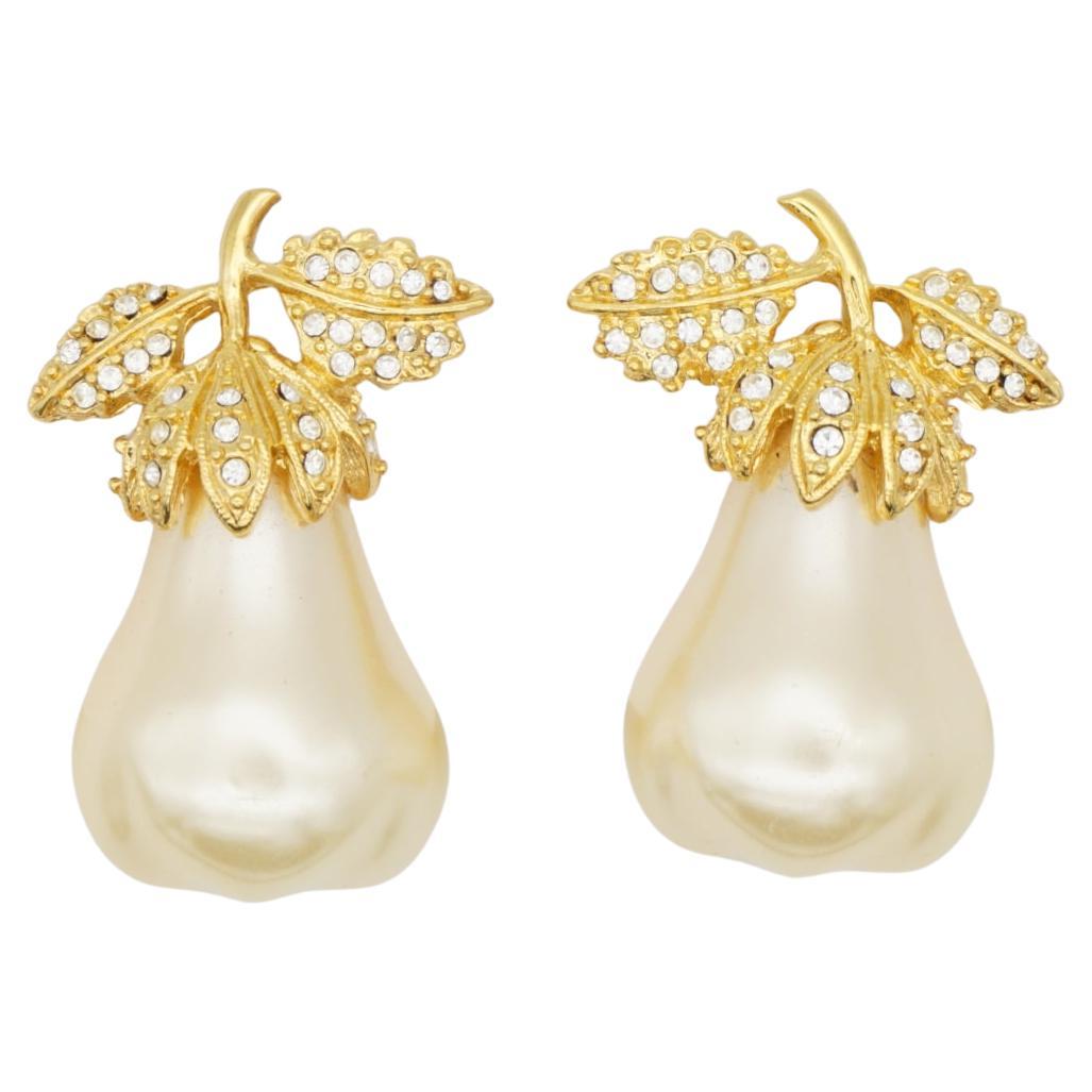 Kenneth Jay Lane KJL Vintage Large Pearl Pear Crystals Leaf Gold Clip Earrings For Sale