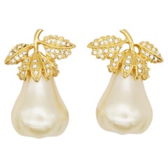 Kenneth Jay Lane KJL Vintage Large Pearl Pear Crystals Leaf Gold Clip Earrings (Boucles d'oreilles à clip en or)