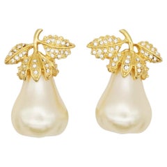 Kenneth Jay Lane KJL Vintage Large White Pearl Pear Crystals Leaf Clip Earrings