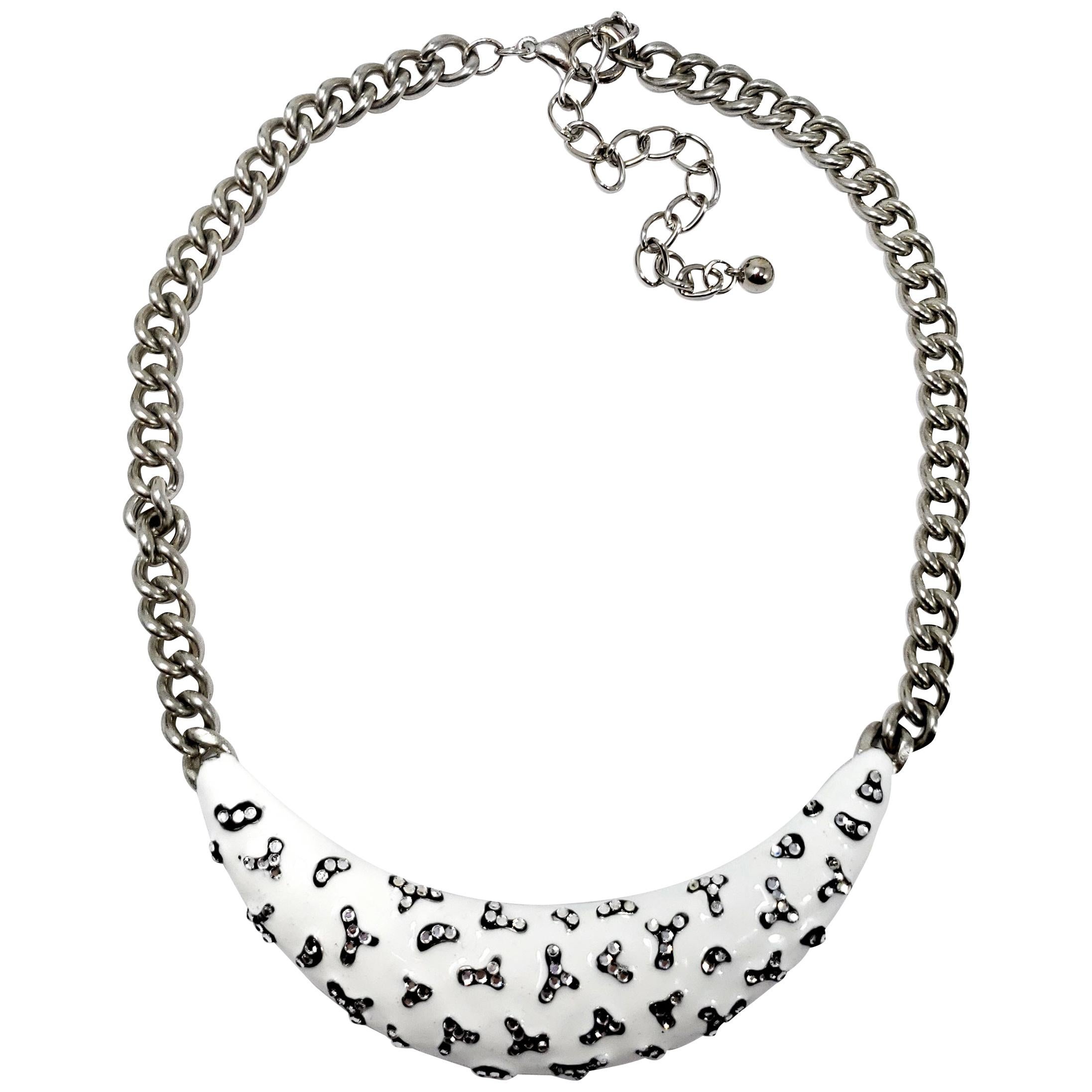 Kenneth Jay Lane KJL White and Black Enamel Crystal Collar Necklace in Silver For Sale