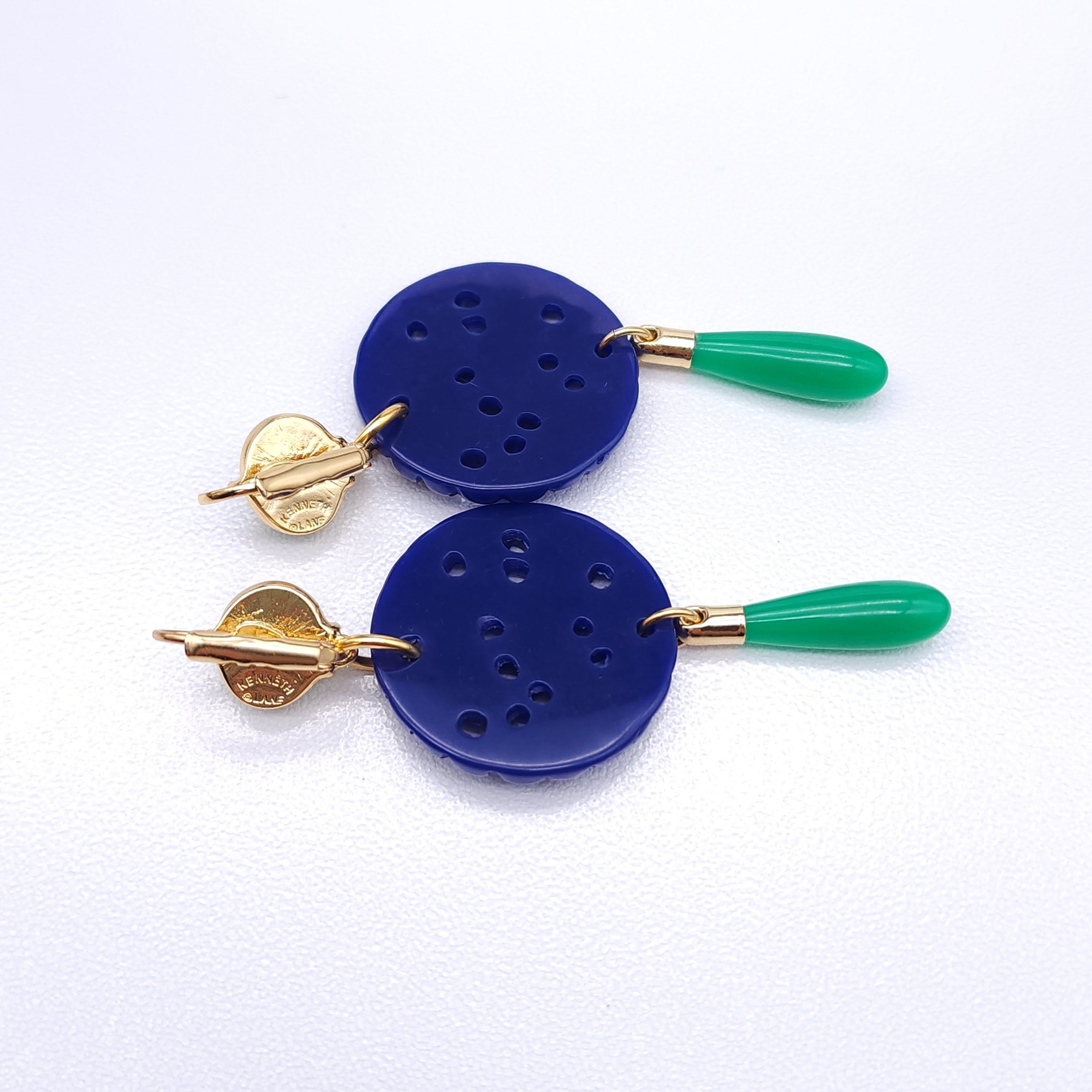 Retro Kenneth Jay Lane Lapis Jade Drop Wire Earrings in Gold, Blue & Green, Couture For Sale