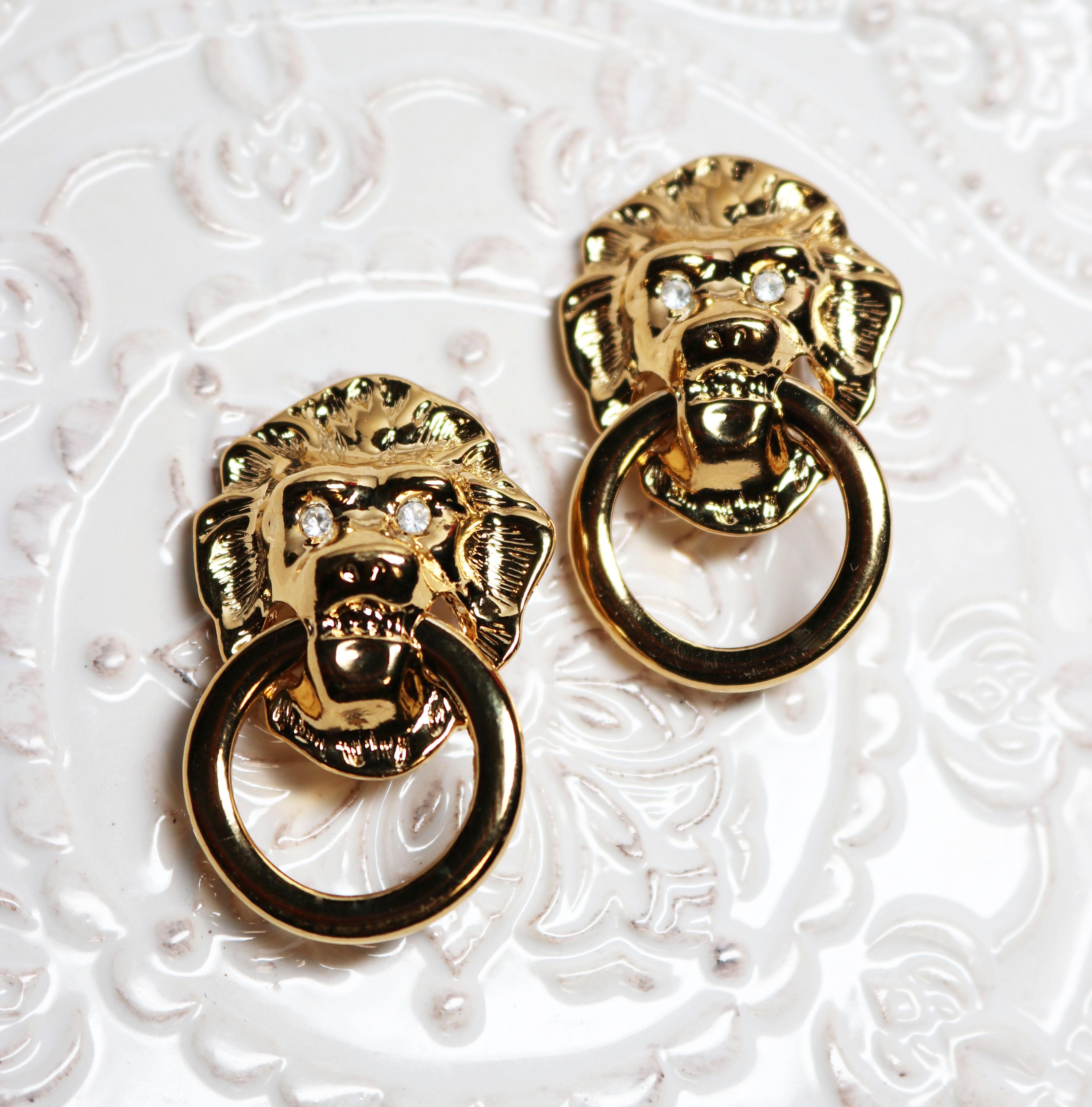 Women's or Men's Kenneth Jay Lane Lion's Head Doorknocker Earrings For Sale