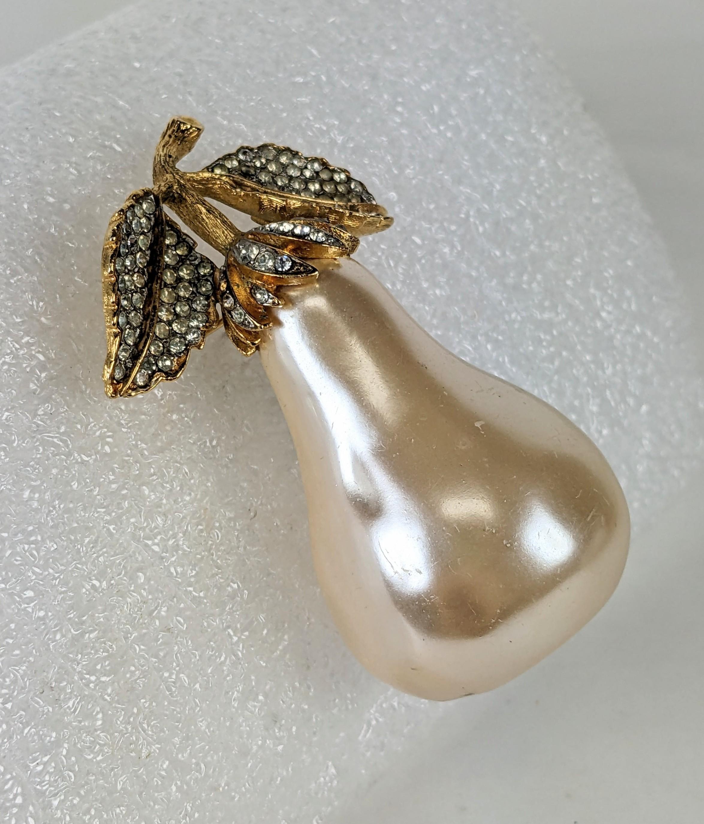 Kenneth Jay Lane Massive Pearl Pear Brooch from the 1980's. A large faux 3D pearl 