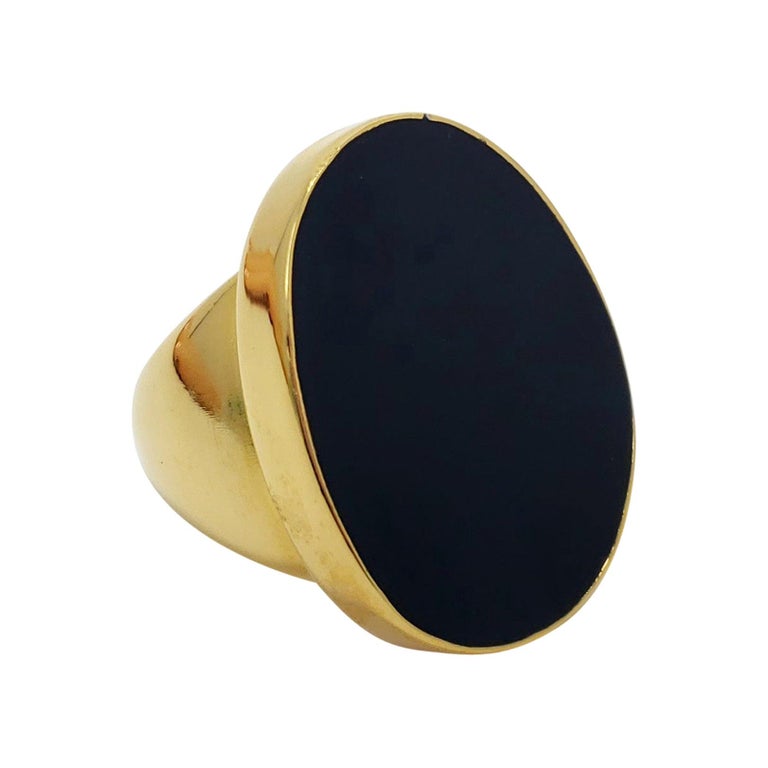 Kenneth Jay Lane Midnight Black Flat Enamel Oval Cocktail Ring in Gold, KJL For Sale