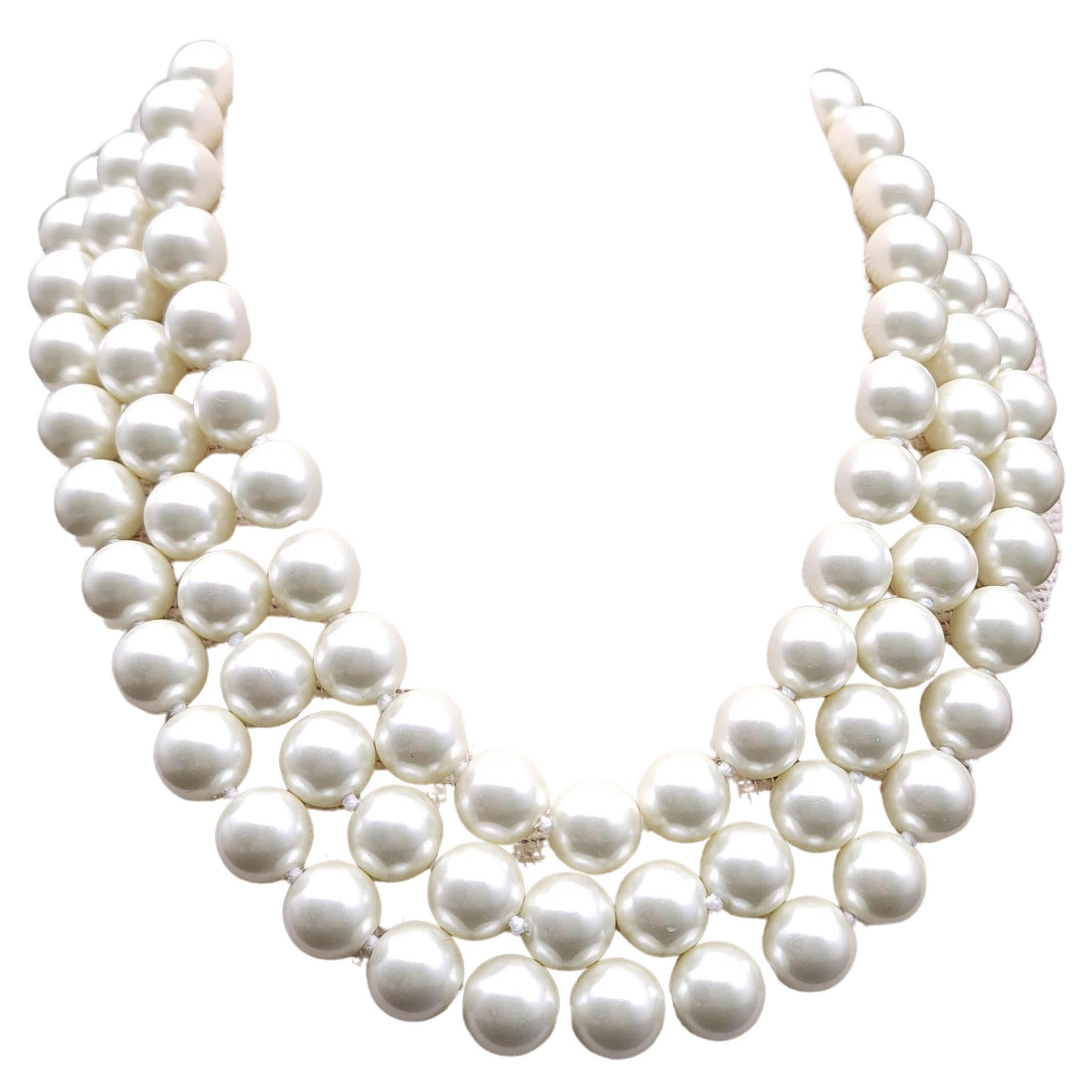 Kenneth Jay Lane Multi Strand Faux Pearl Necklace Gold Plated 3-Strand Collar For Sale