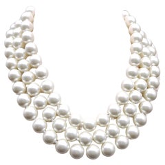 Antique Kenneth Jay Lane Multi Strand Faux Pearl Necklace Gold Plated 3-Strand Collar