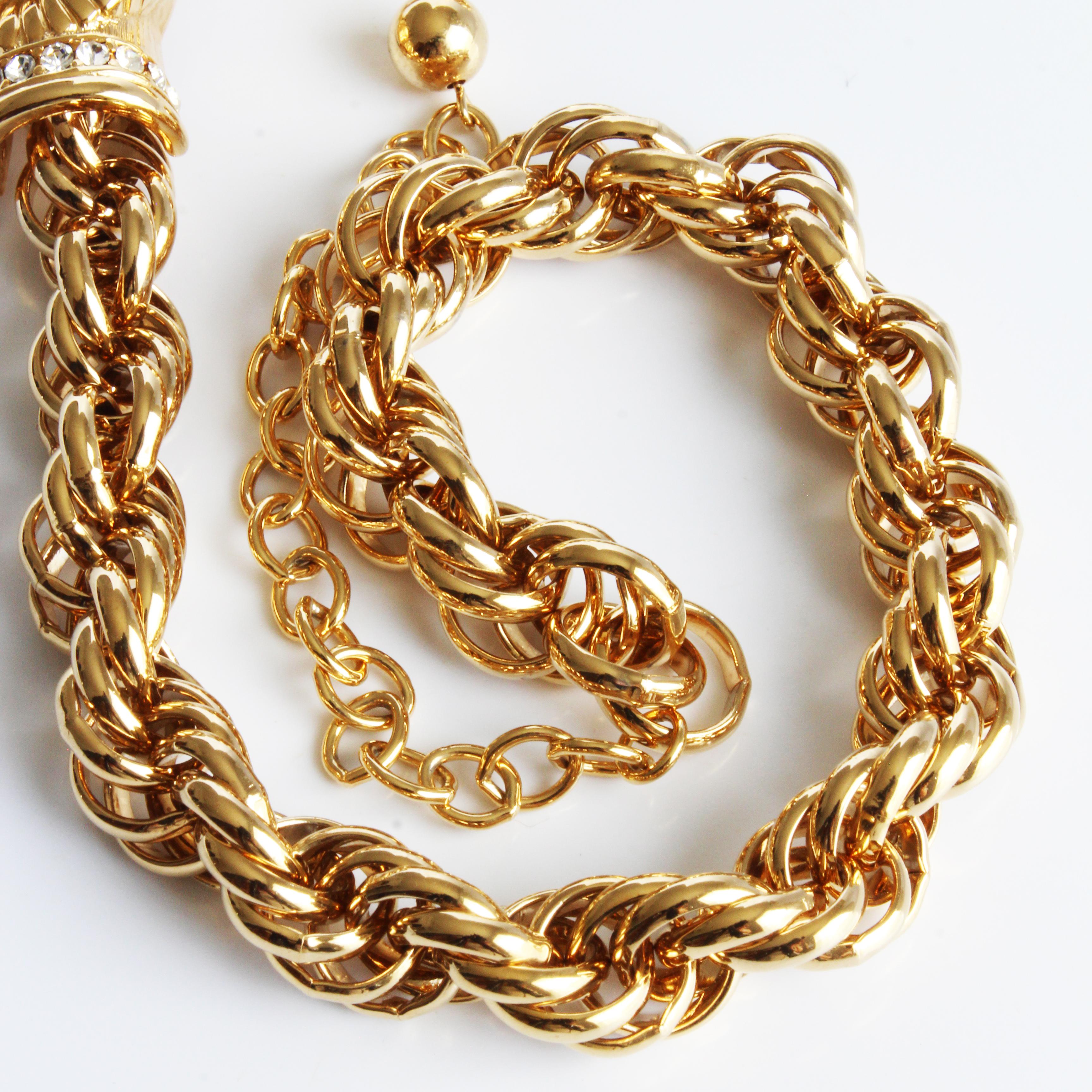 Kenneth Jay Lane Necklace Ram Heads Rhinestones Gold Metal Chunky Chain 90s KJL For Sale 5