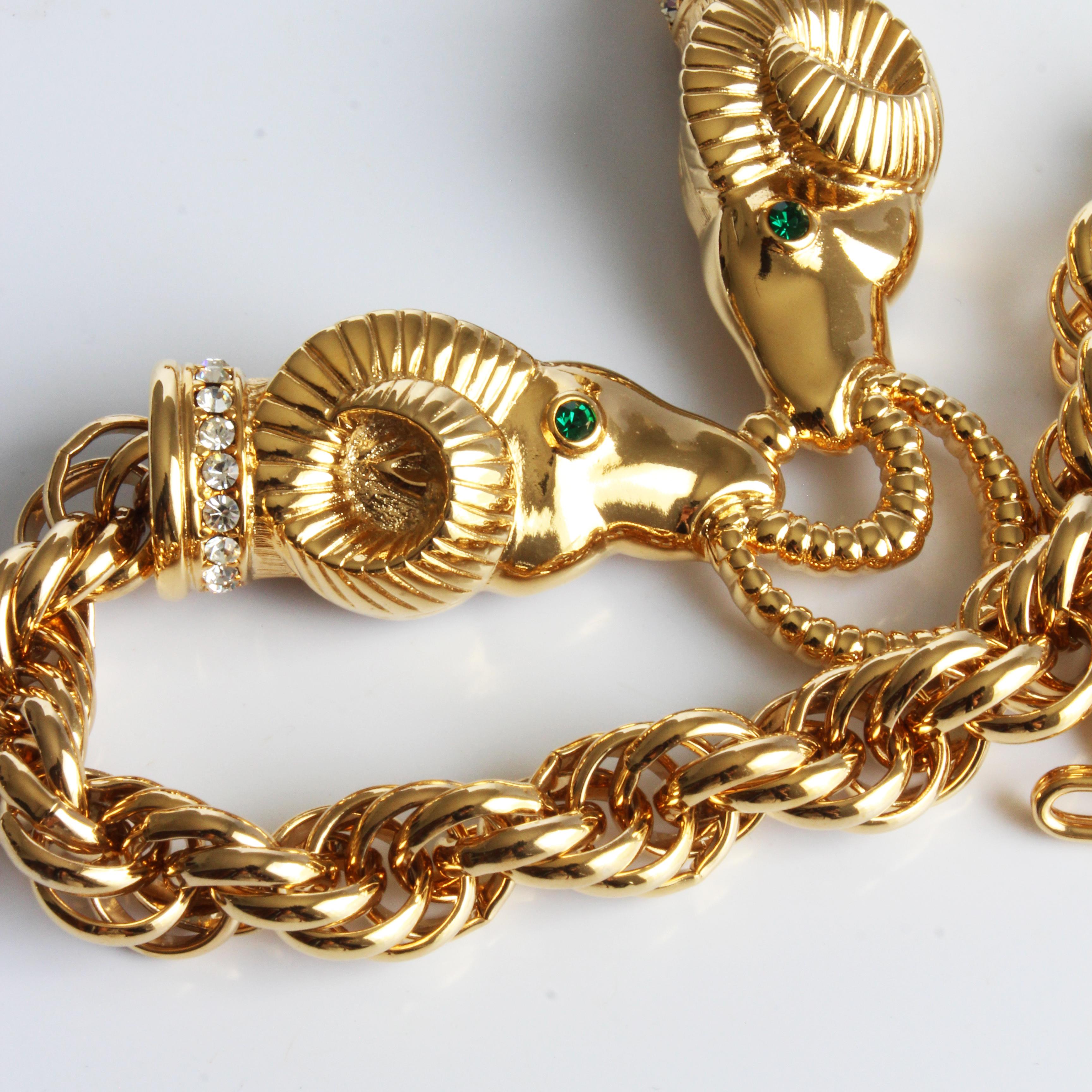 Kenneth Jay Lane Necklace Ram Heads Rhinestones Gold Metal Chunky Chain 90s KJL For Sale 6
