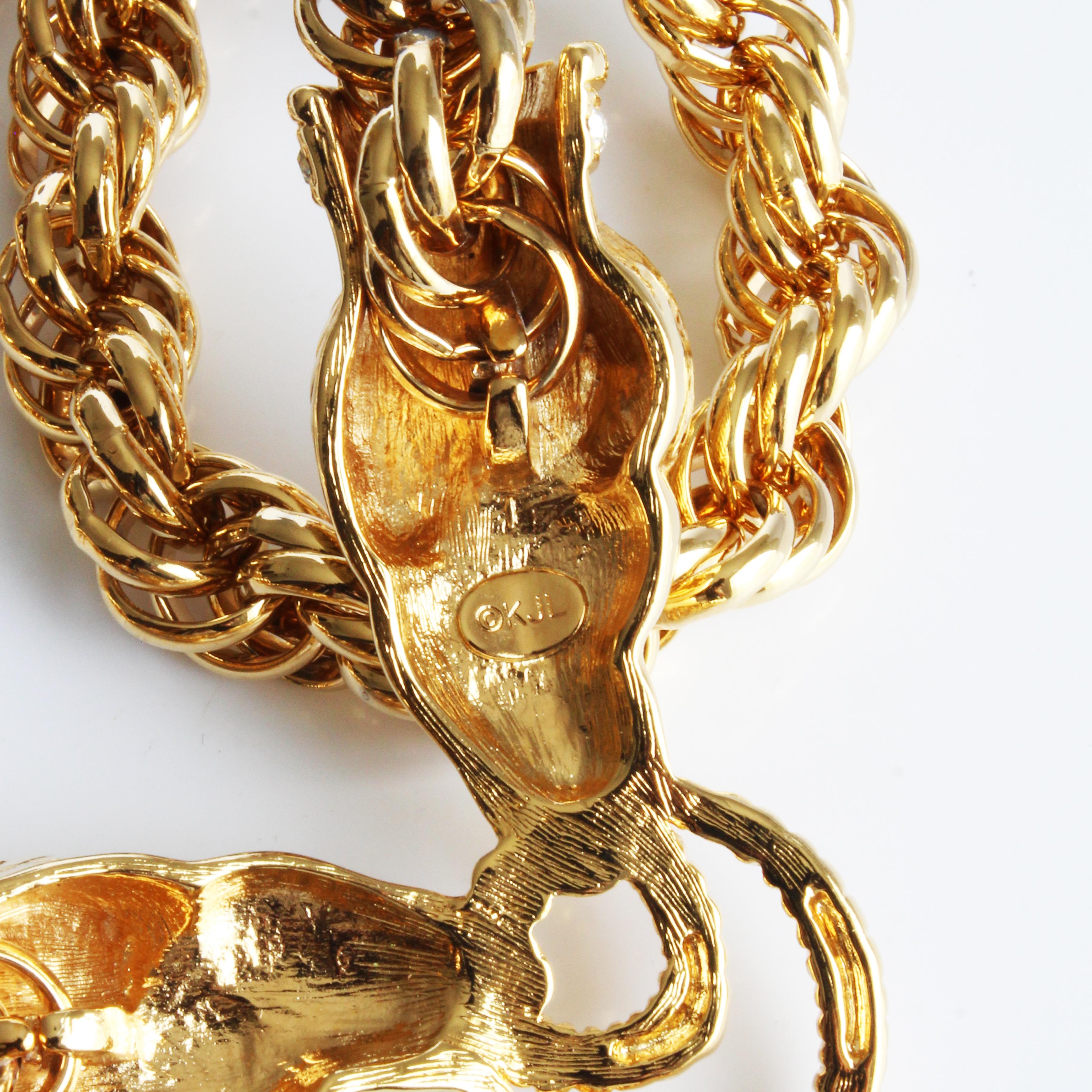 Kenneth Jay Lane Necklace Ram Heads Rhinestones Gold Metal Chunky Chain 90s KJL For Sale 7