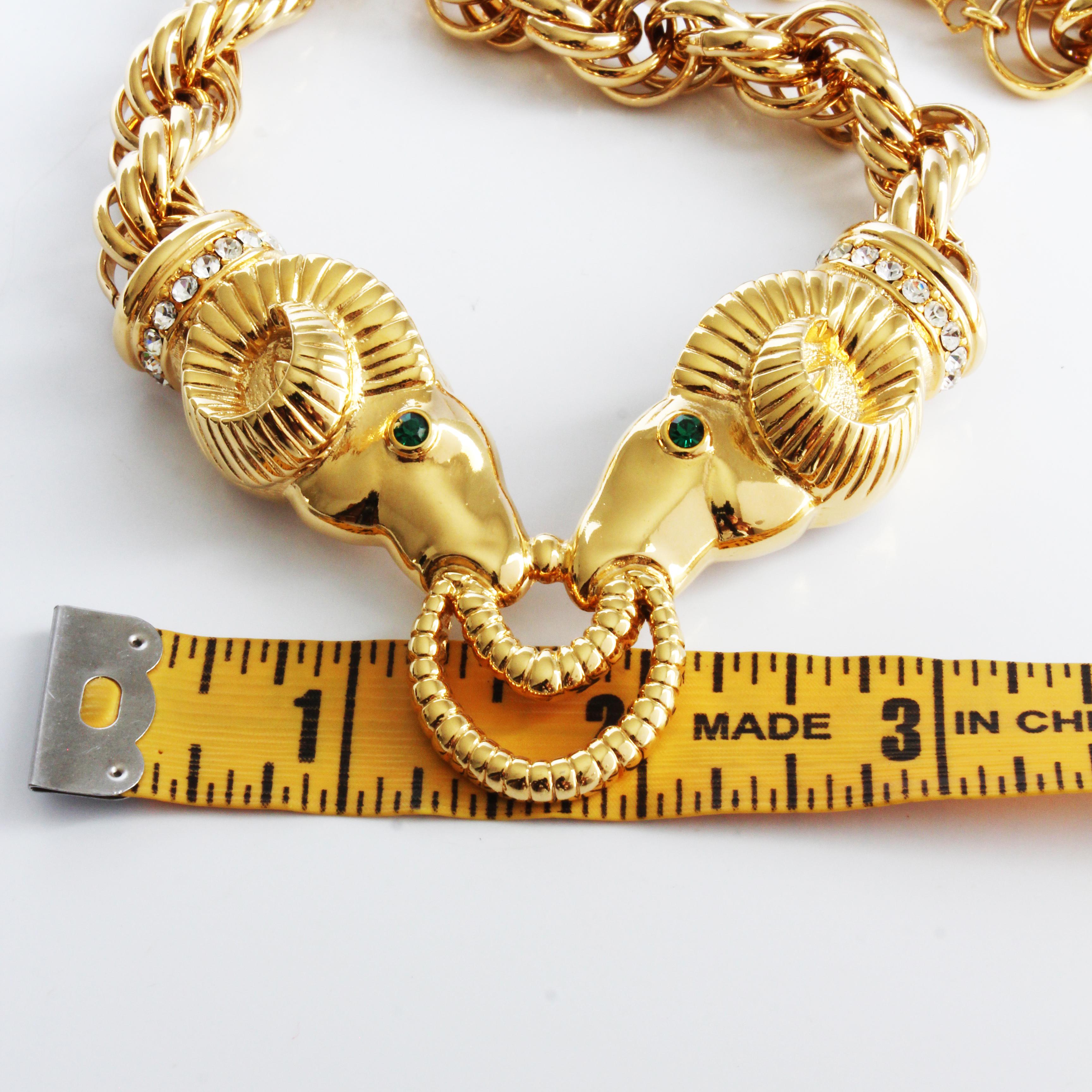 Kenneth Jay Lane Necklace Ram Heads Rhinestones Gold Metal Chunky Chain 90s KJL For Sale 8