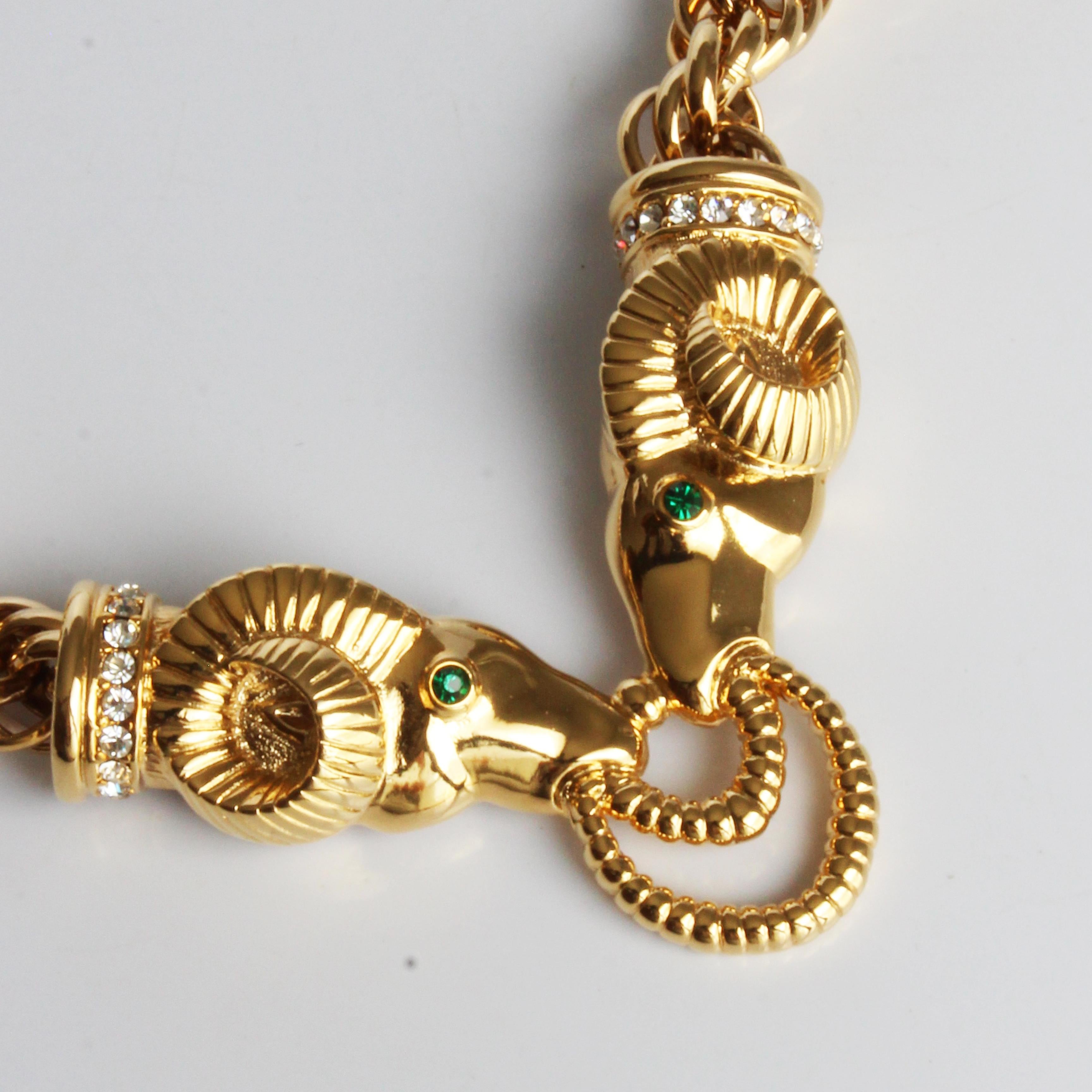Modern Kenneth Jay Lane Necklace Ram Heads Rhinestones Gold Metal Chunky Chain 90s KJL For Sale