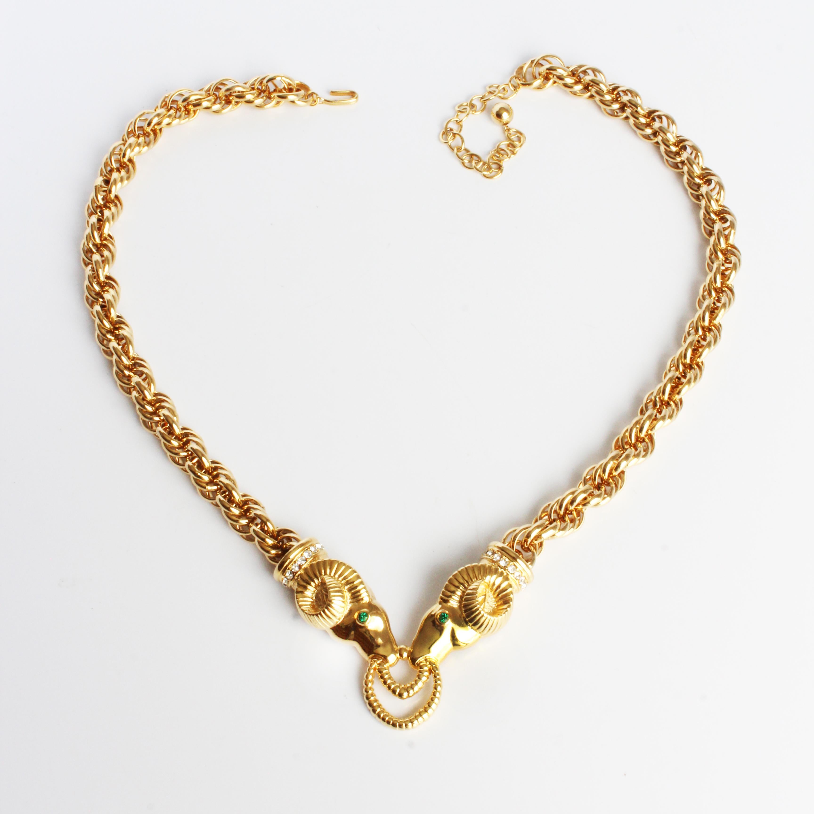Kenneth Jay Lane Necklace Ram Heads Rhinestones Gold Metal Chunky Chain 90s KJL In Good Condition For Sale In Port Saint Lucie, FL
