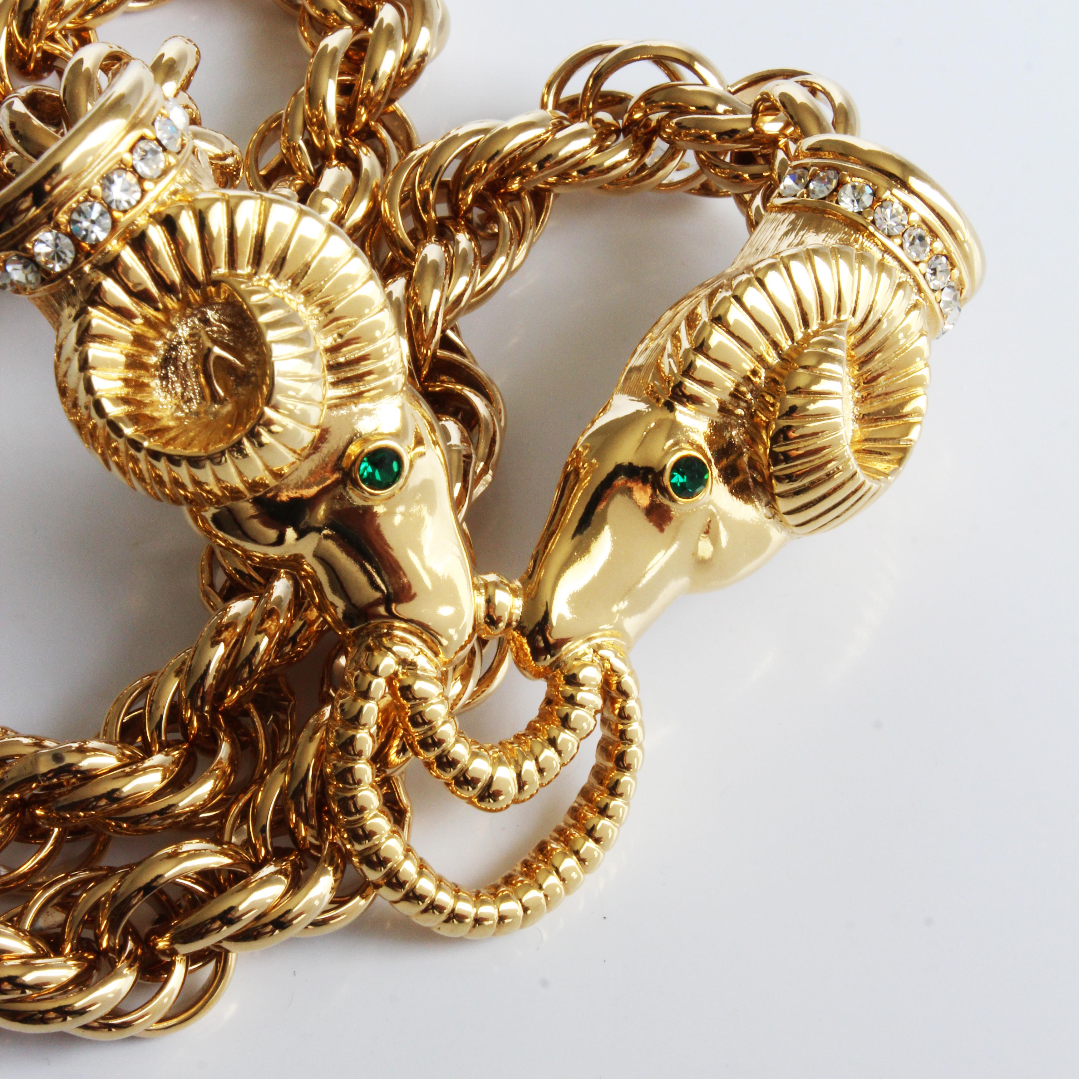 Women's or Men's Kenneth Jay Lane Necklace Ram Heads Rhinestones Gold Metal Chunky Chain 90s KJL For Sale