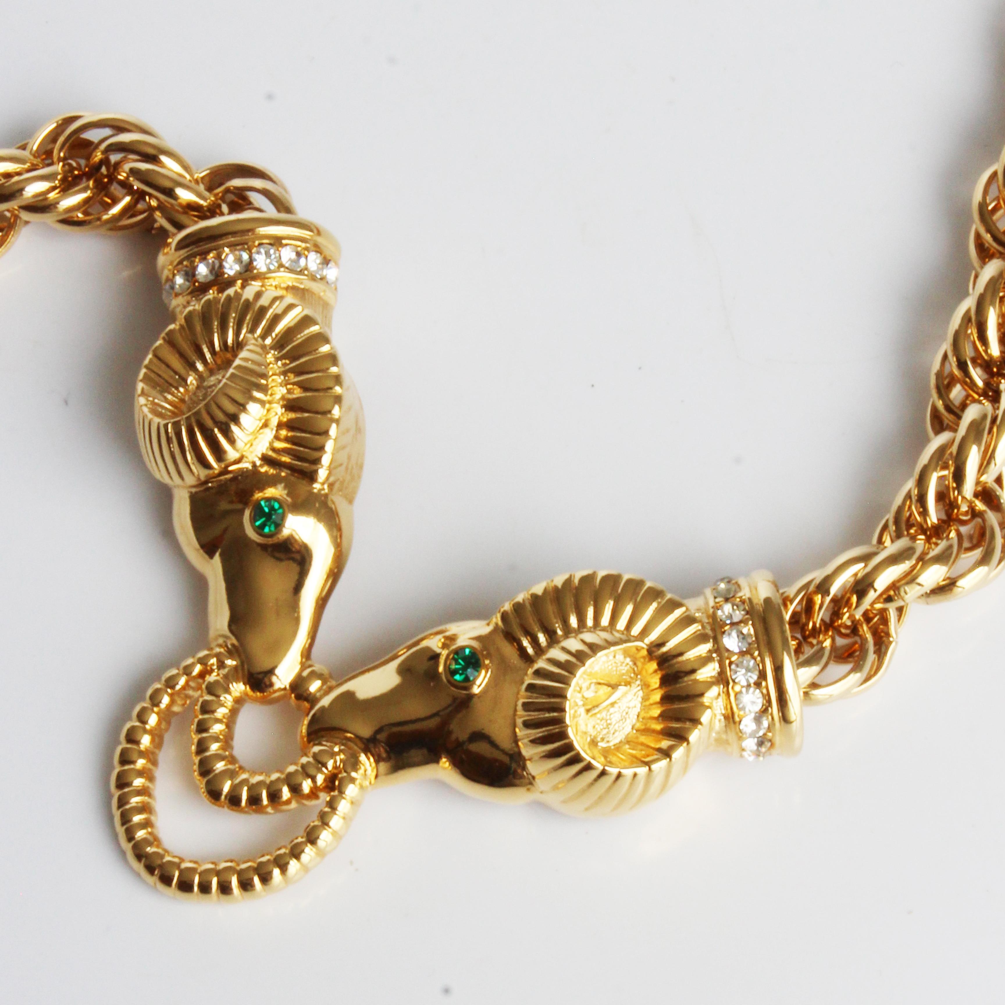 Kenneth Jay Lane Necklace Ram Heads Rhinestones Gold Metal Chunky Chain 90s KJL For Sale 1