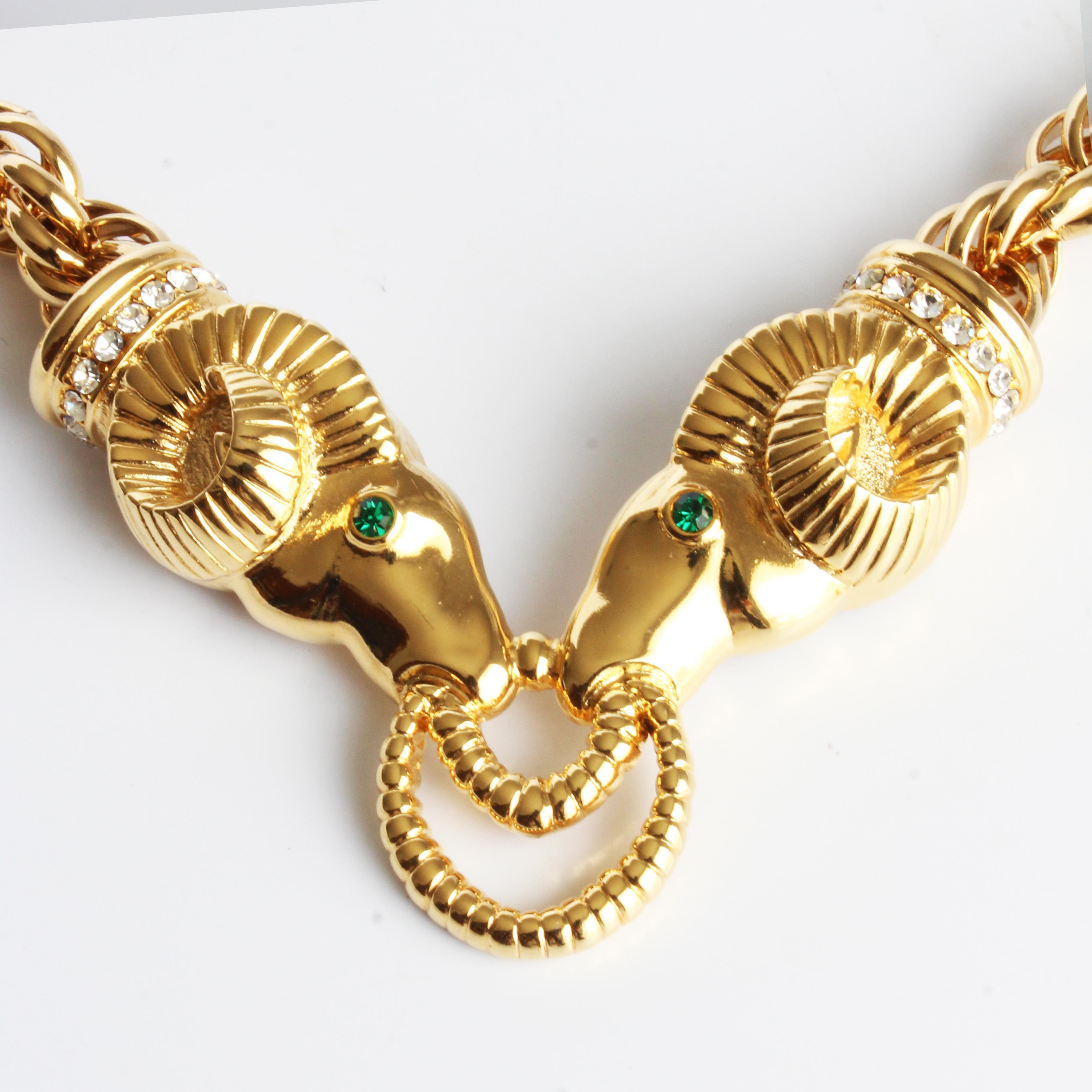 Kenneth Jay Lane Necklace Ram Heads Rhinestones Gold Metal Chunky Chain 90s KJL For Sale 2