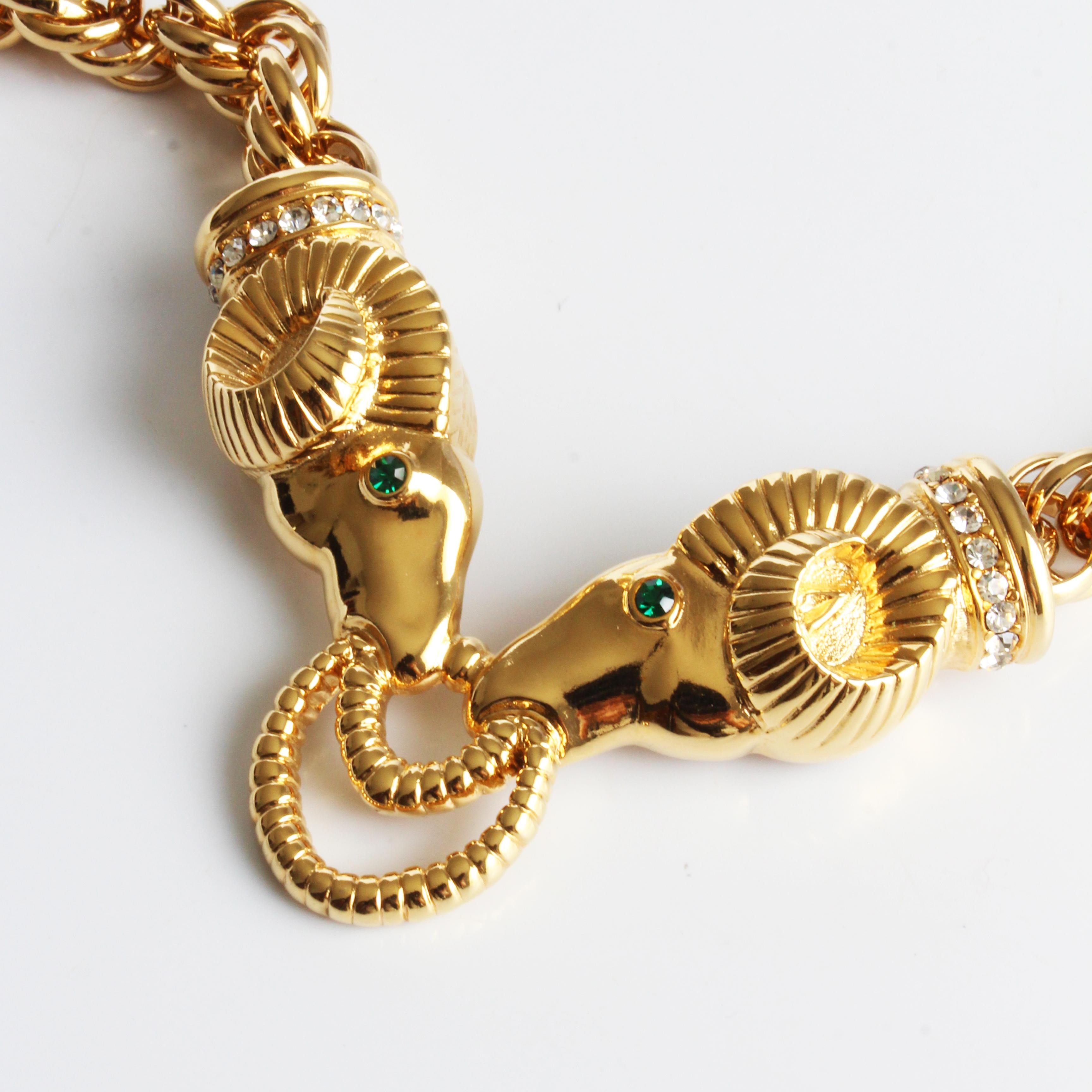 Kenneth Jay Lane Necklace Ram Heads Rhinestones Gold Metal Chunky Chain 90s KJL For Sale 3