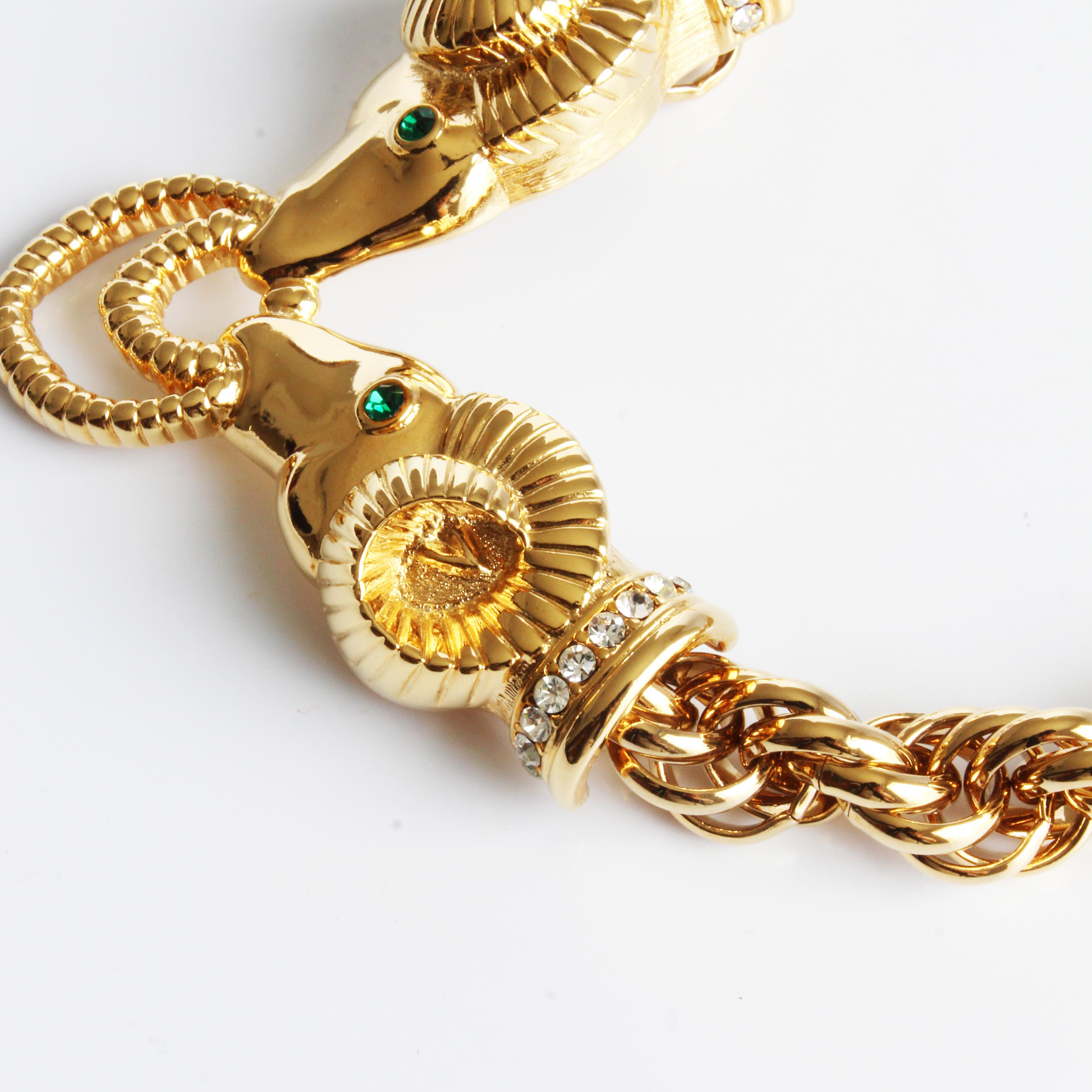 Kenneth Jay Lane Necklace Ram Heads Rhinestones Gold Metal Chunky Chain 90s KJL For Sale 4
