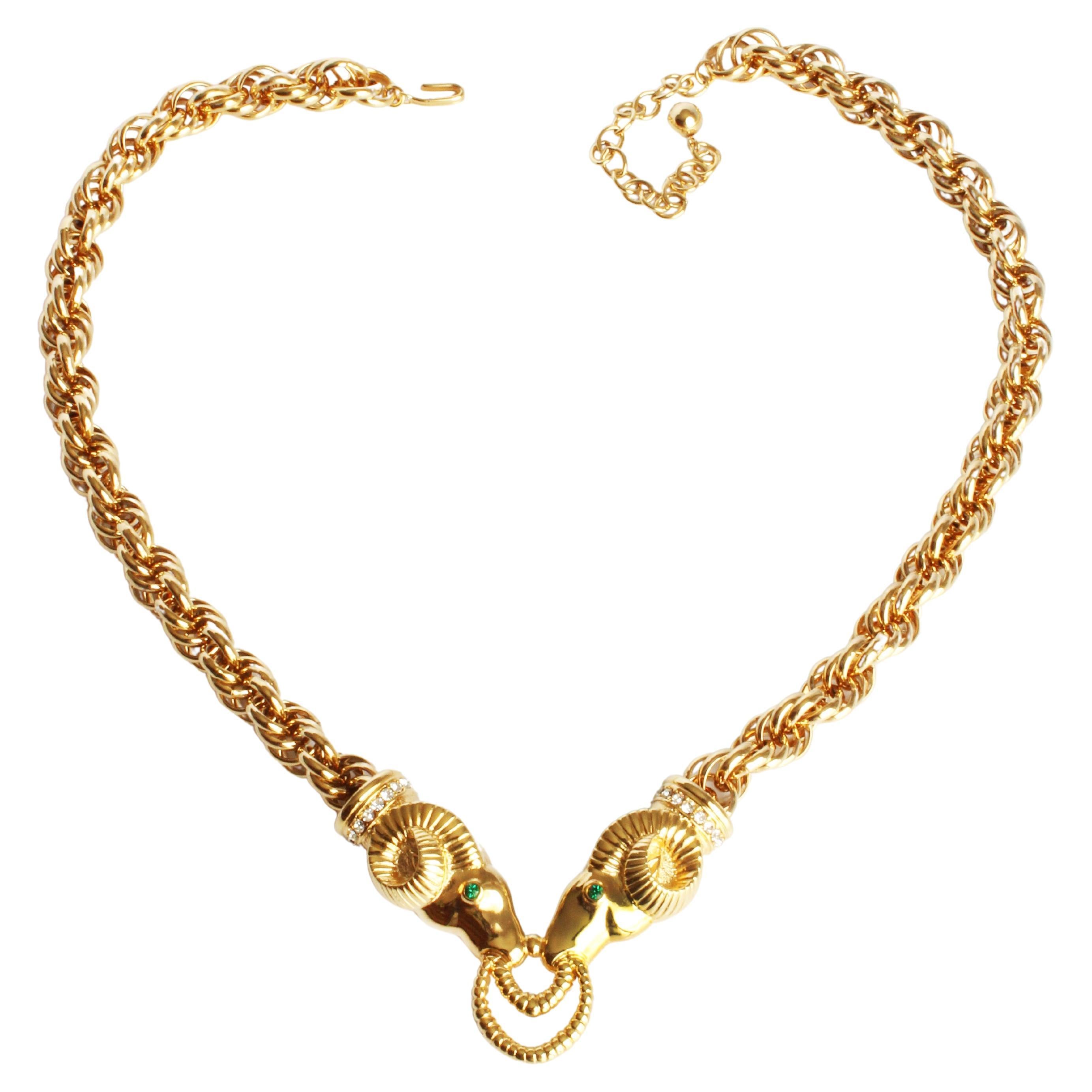 Kenneth Jay Lane Necklace Ram Heads Rhinestones Gold Metal Chunky Chain 90s KJL For Sale
