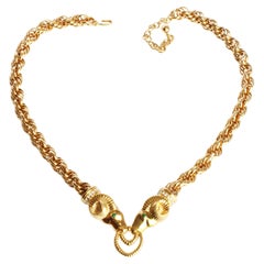 Kenneth Jay Lane Necklace Ram Heads Rhinestones Gold Metal Chunky Chain 90s KJL