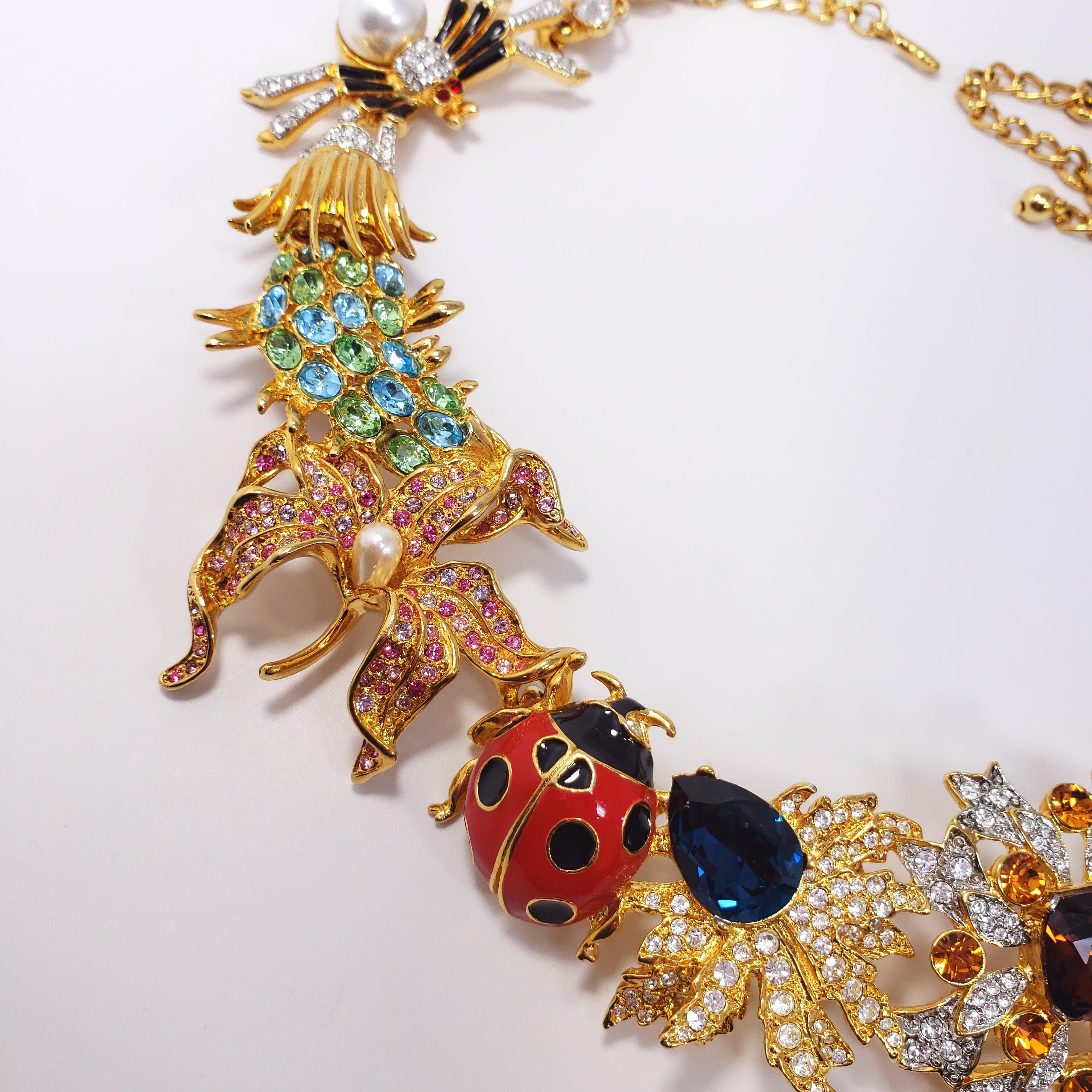 Mixed Cut Kenneth Jay Lane Ornate Colorful Crystal Kaleidoscope Collar Necklace in Gold For Sale