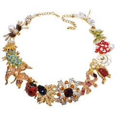 Retro Kenneth Jay Lane Ornate Colorful Crystal Kaleidoscope Collar Necklace in Gold