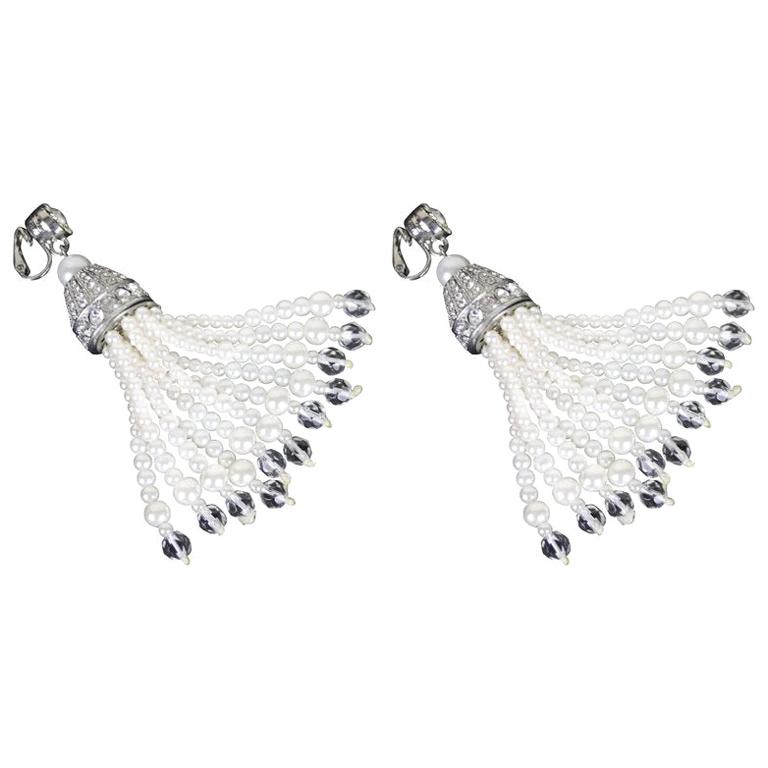 Kenneth Jay Lane Pair Tassel Earrings-Silver, Faux Pearl, CZ , Crystal For Sale