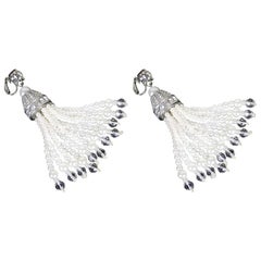 Kenneth Jay Lane Pair Tassel Earrings-Silver, Faux Pearl, CZ , Crystal
