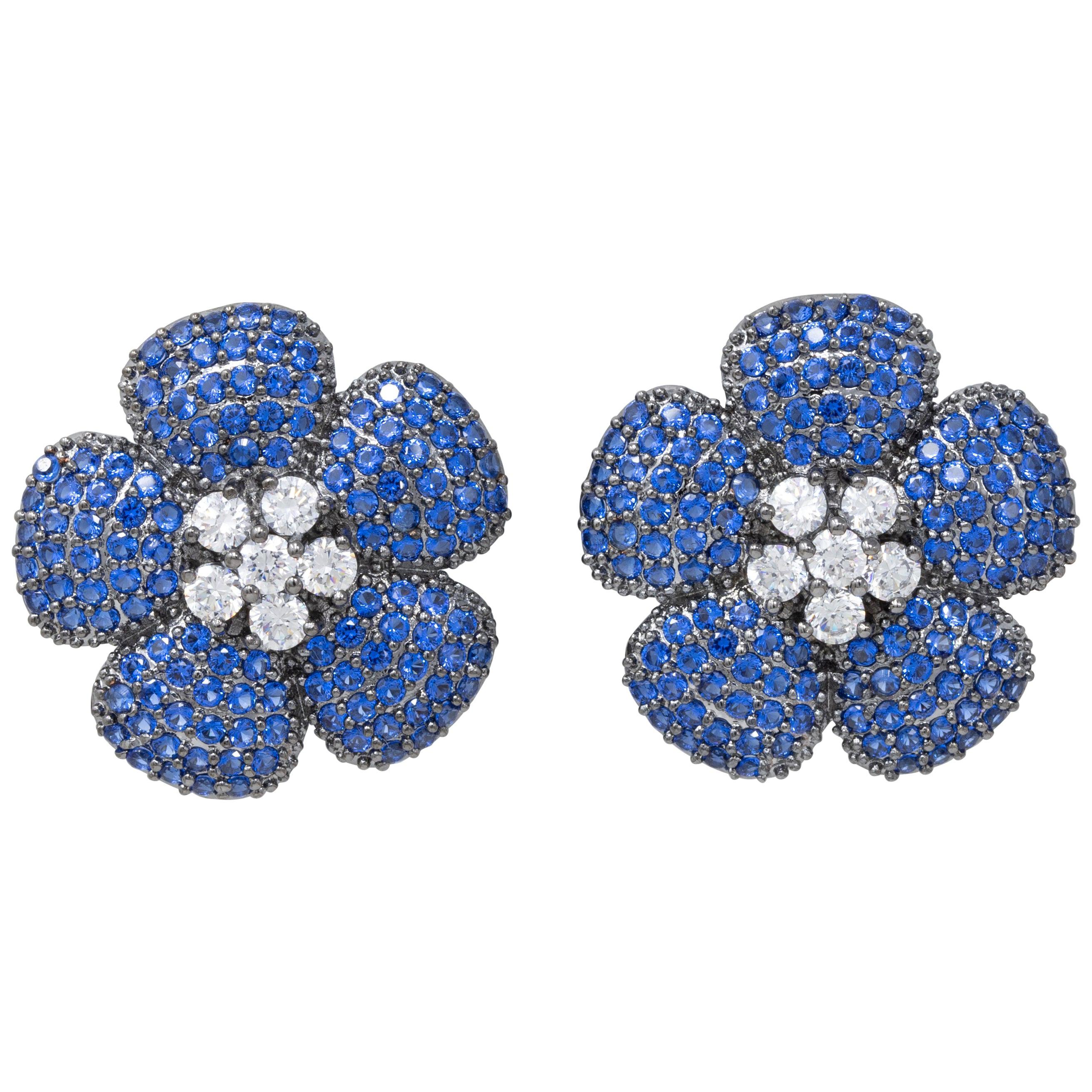 Kenneth Jay Lane Pave Sapphire Cubic Zirconia Flower Button Clip On Earrings